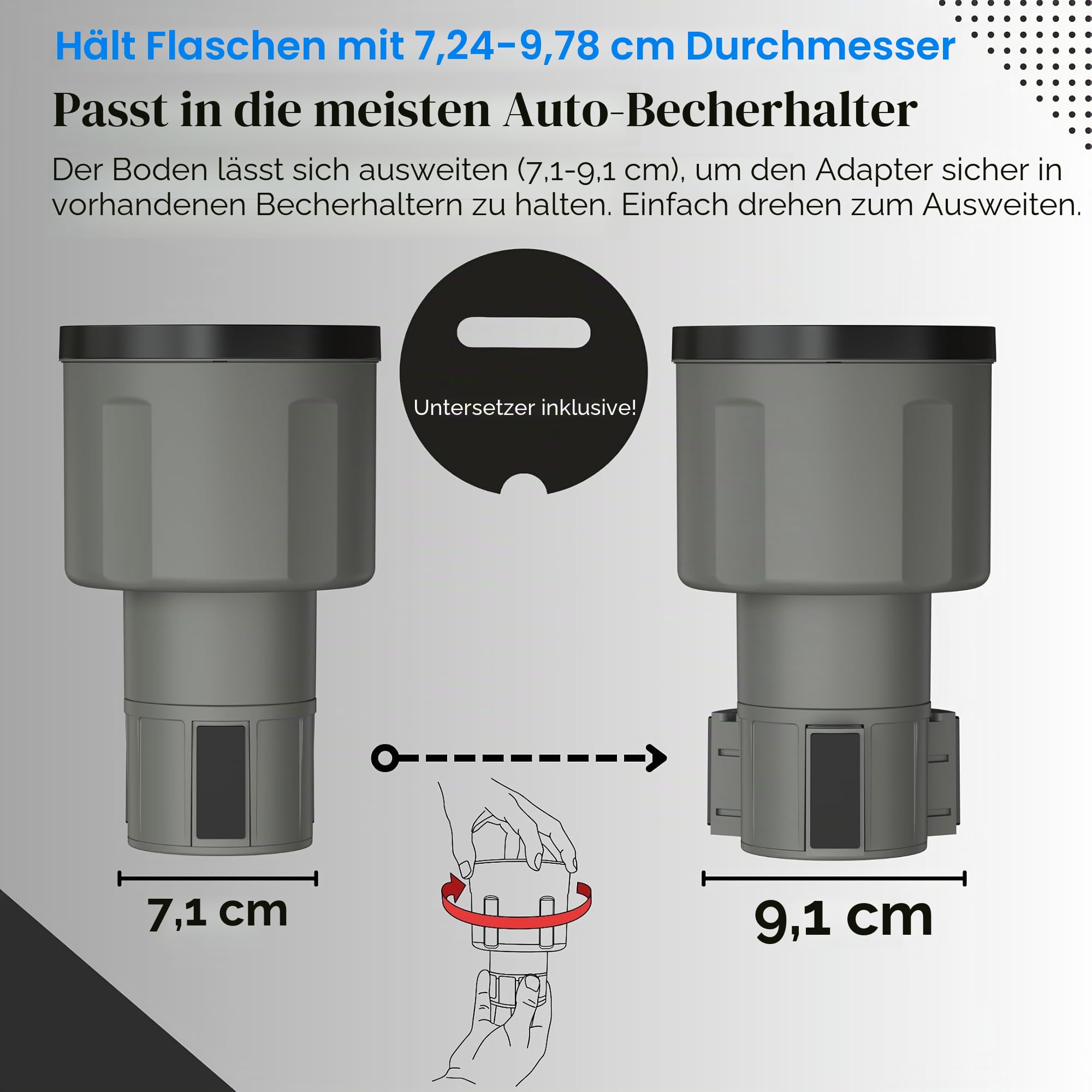 Swigzy Auto-Getränkehalter-Expander-Adapter (verstellbar) – für Hydroflasche, Yeti, Nalgene, große Flaschen und große Getränke – Grau