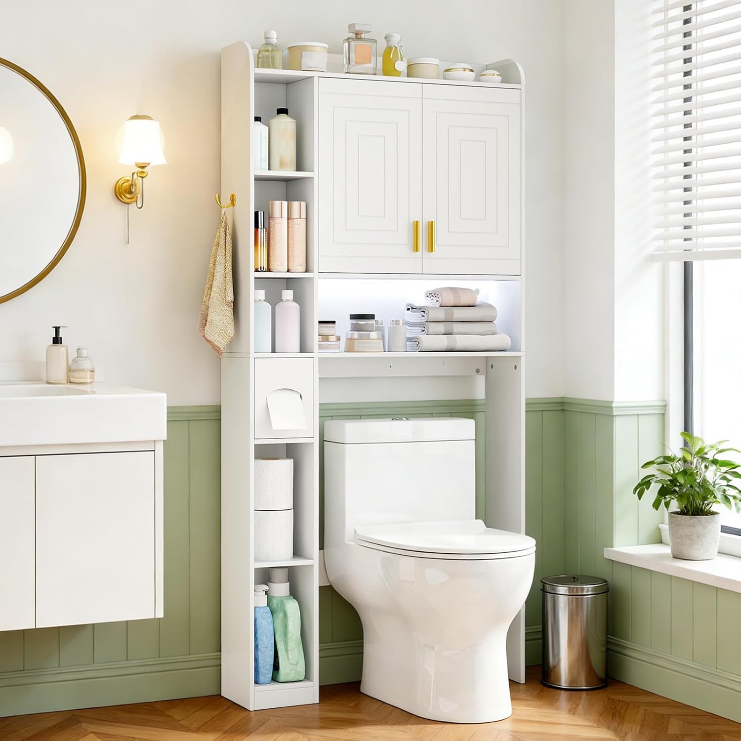 GIANTEX Over The Toilet Storage Cabinet with LED Light, 31.5" W Over Toilet Bathroom Organizer w/Toilet Paper Holder, Hook, Adjustable Shelf & Double Doors, Space Saver for Laundry, Restroom