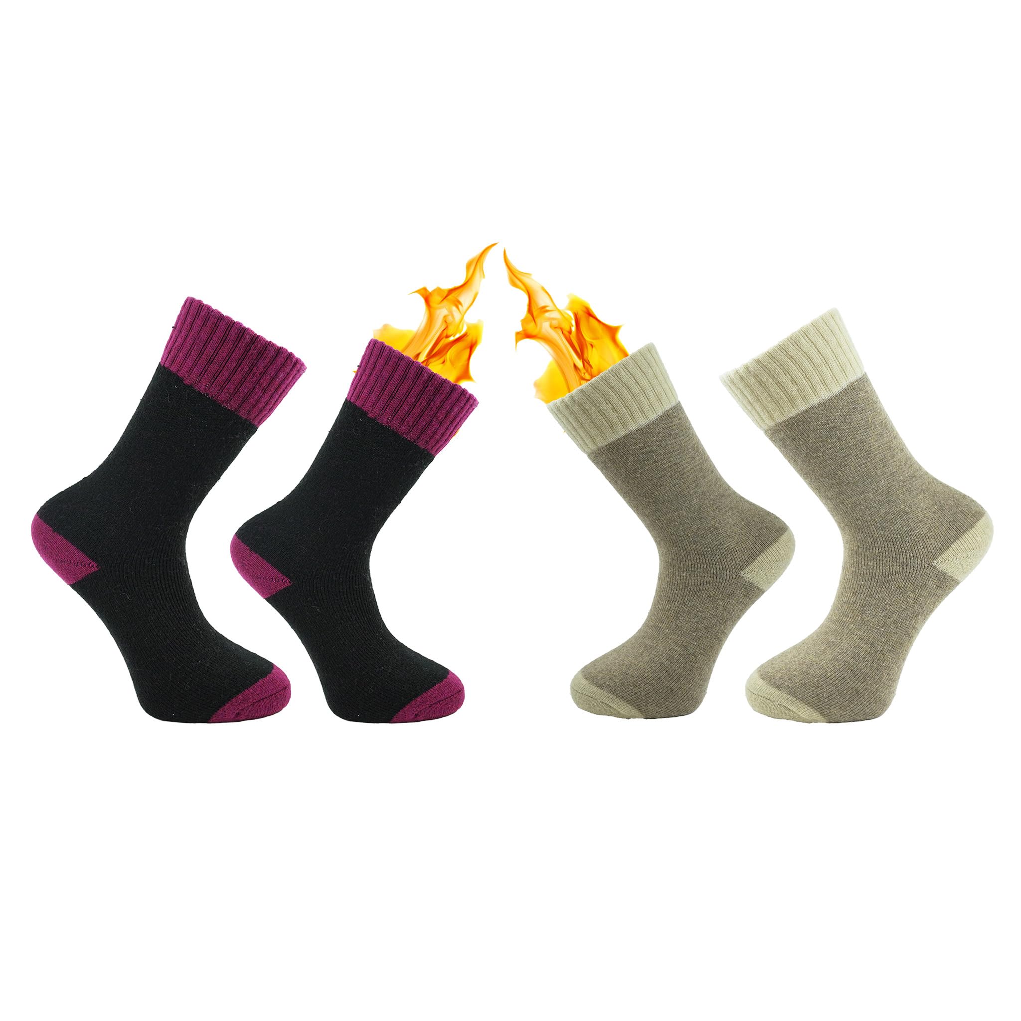 RockParty Merino Wool Thermal Hiking Socks for Men & Women – Set of 2 Warm, Moisture-Wicking Crew Boot Socks with 2.4 TOG Rating in Black/Magenta & Beige/Tan for Winter & Outdoor Adventures