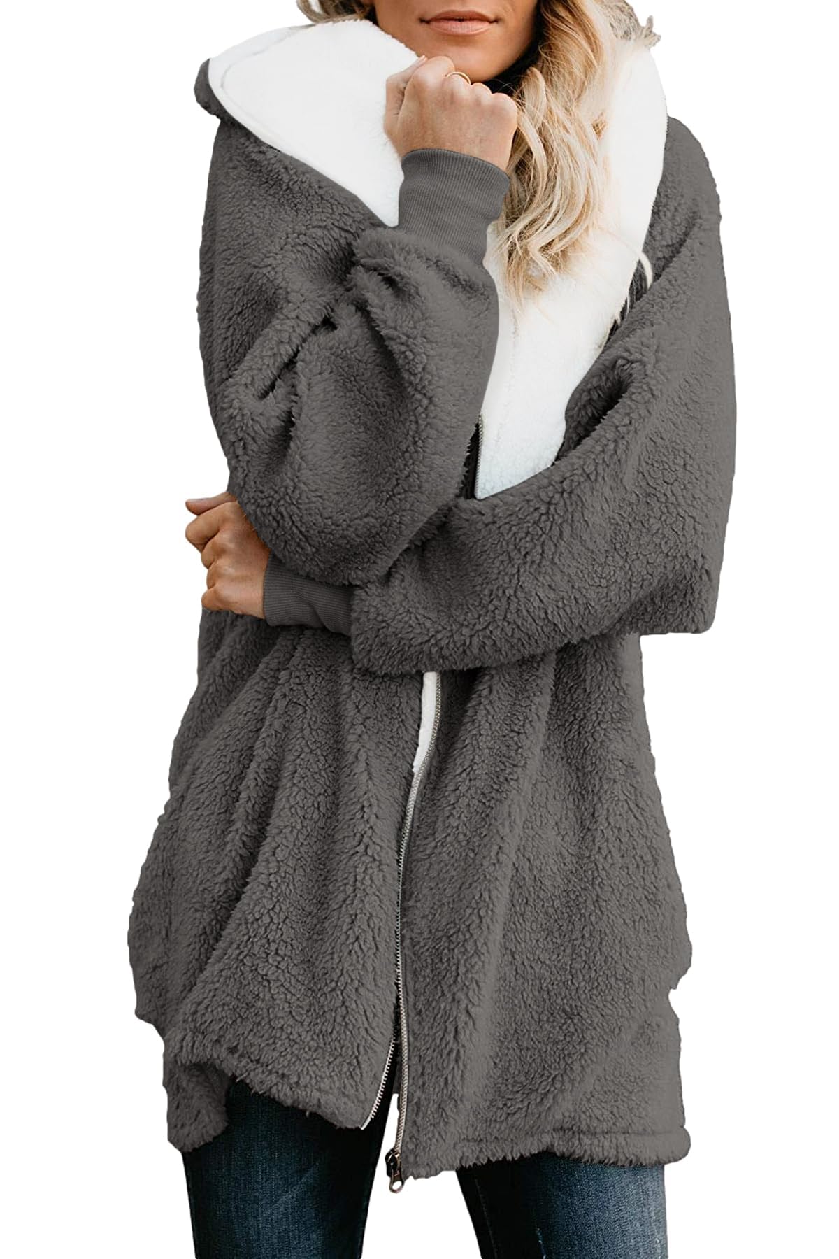 ReachMe Women's Oversized Sherpa Jacket Zip Up Fleece Hoodie
