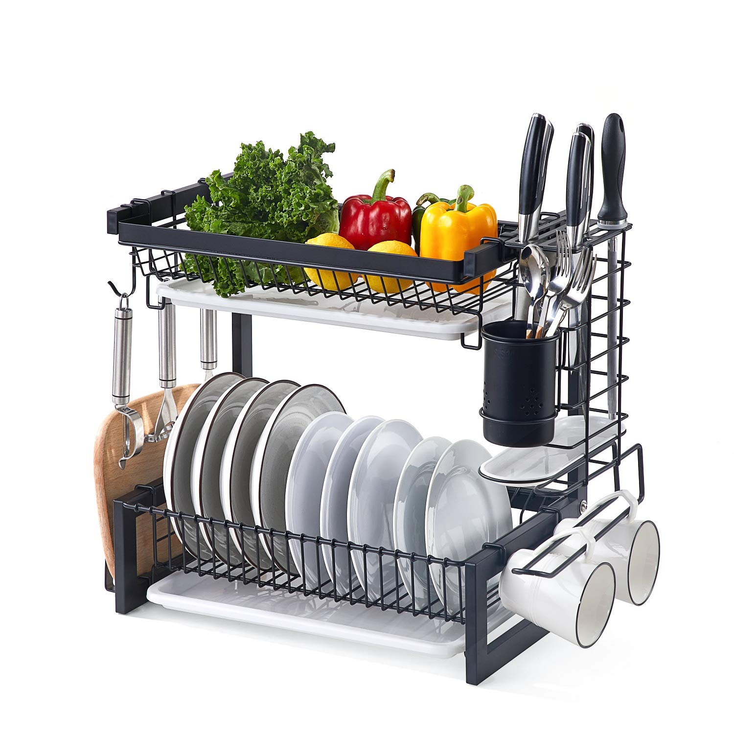 istBoom Stainless Steel 2-Tier Dish Drying Rack for Kitchen Counter, Multifunctional Kitchen Organizer, with Drainboard, Utensil Holder, Cutboard holder, Easy To Assemble, Non-Slip Black