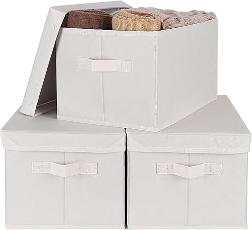 Vista 14 de WUIKE - Cajas de almacenamiento plegables con tapas, cajas de almacenamiento con asas, organizador para estante de armario, cestas de almacenamiento