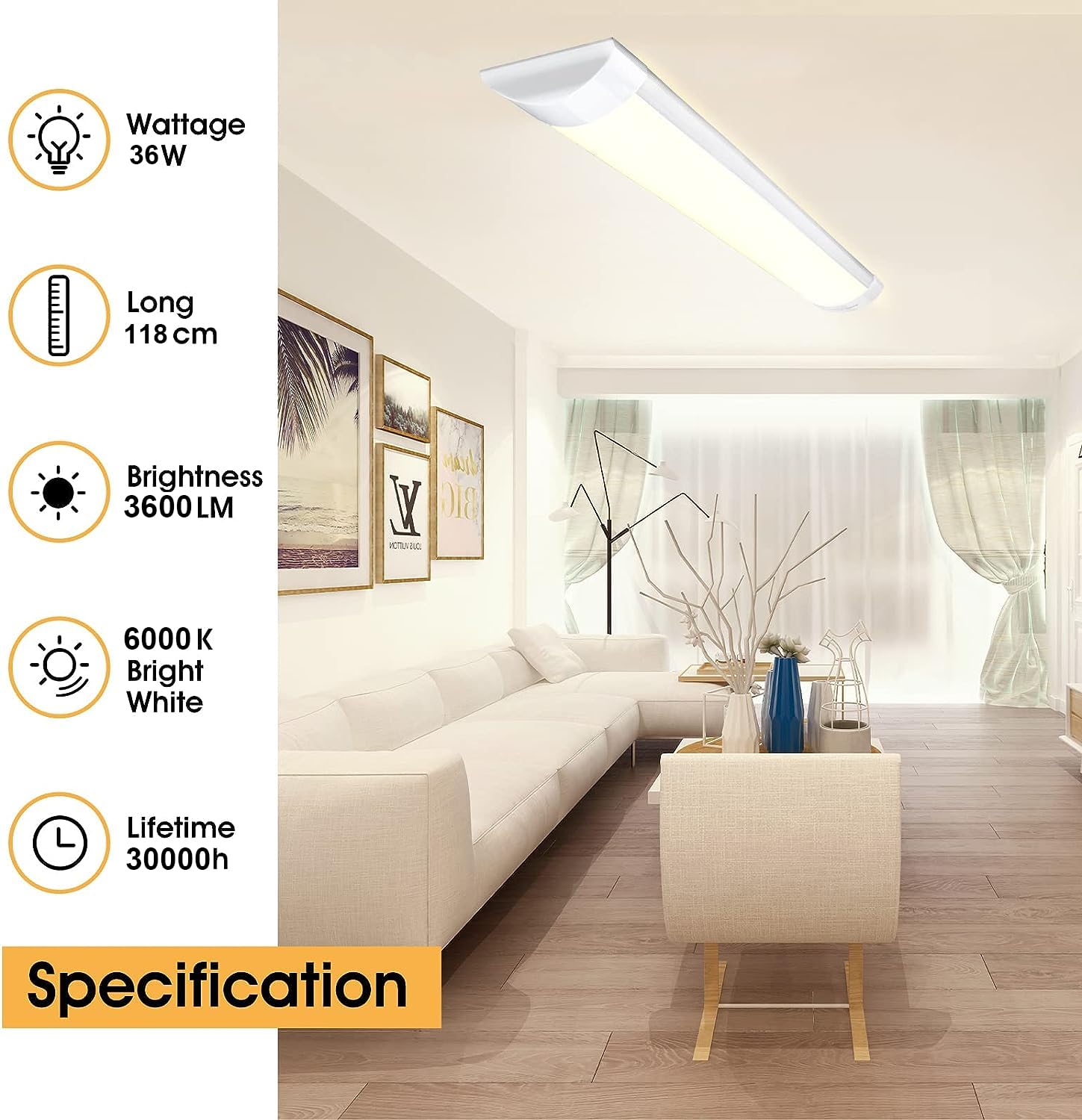 120CM Tube LED, 36W Néon LED, IP65 Plafonnier LED 6000K, Ultraslim Reglette LED, Blanc Neutre LED Fluorescents, Économies d'énergie pour Garage, Atelier, Bureau, Cuisine, Super Brillant