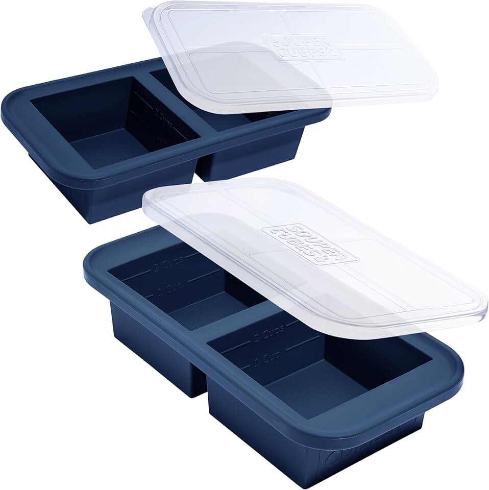 Souper Cubes 2 formas de silicone para freezer com tampas – cubos de sopa para congelar lasanha, sobras, sopas, molhos, caçarolas, refeições de preparação de refeições e muito mais – Pacote com 2