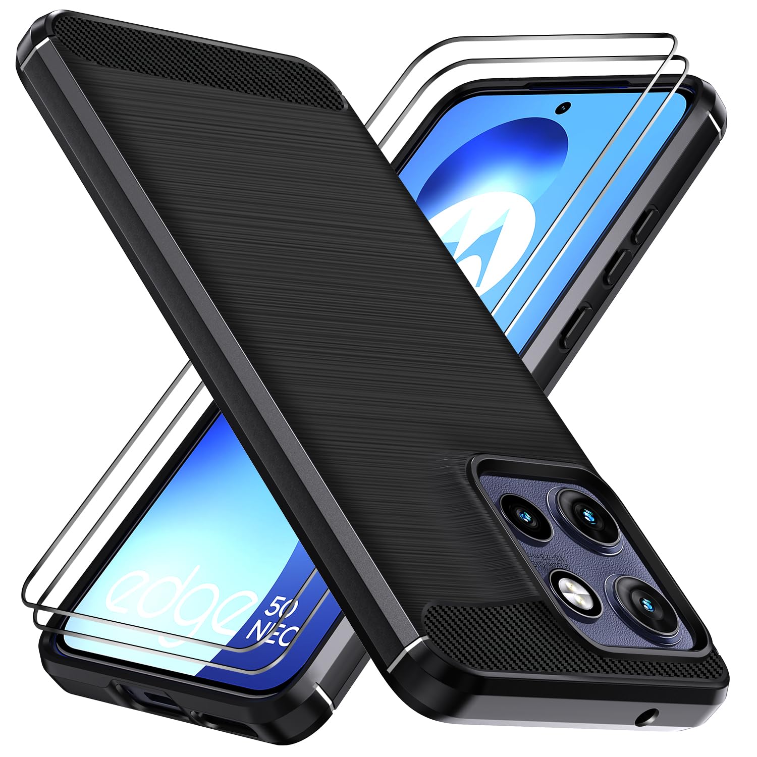 WFTE Cover per Motorola Moto Edge 60 Neo Telefono Morbida TPU Ultra Sottile Elegante Custodia Protettiva Case [Protezione Anticaduta, Antiscivolo] 2 Pezzi Vetro Temperato per Moto Edge 60 Neo- Nero
