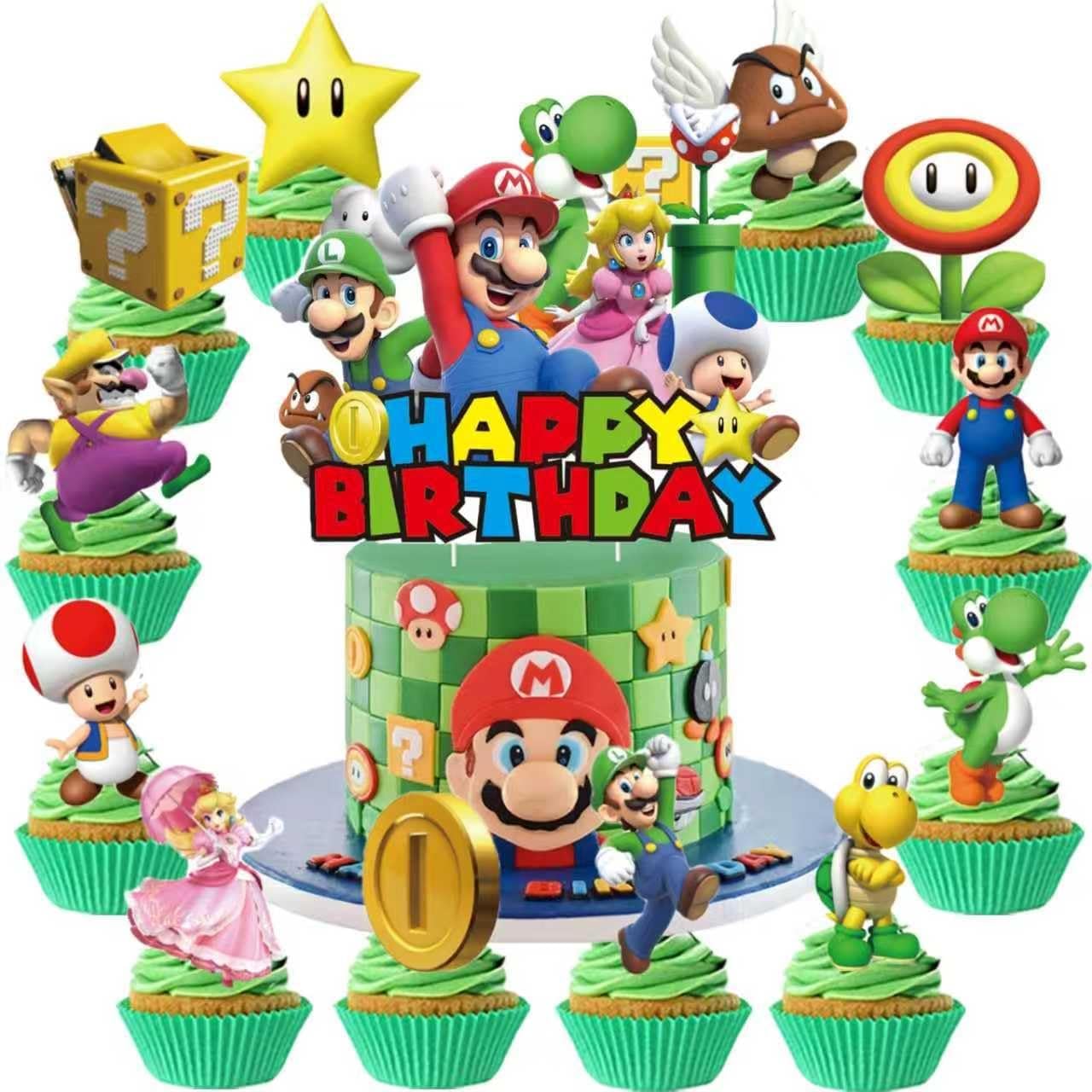 25Pcs Mario Cake Decorations with 24pcs Cupcake Toppers, 1pcs Happy Birthday Cake Topper, Cartoon Themed Party Supplies, Perfect for Birthday Party Decorations