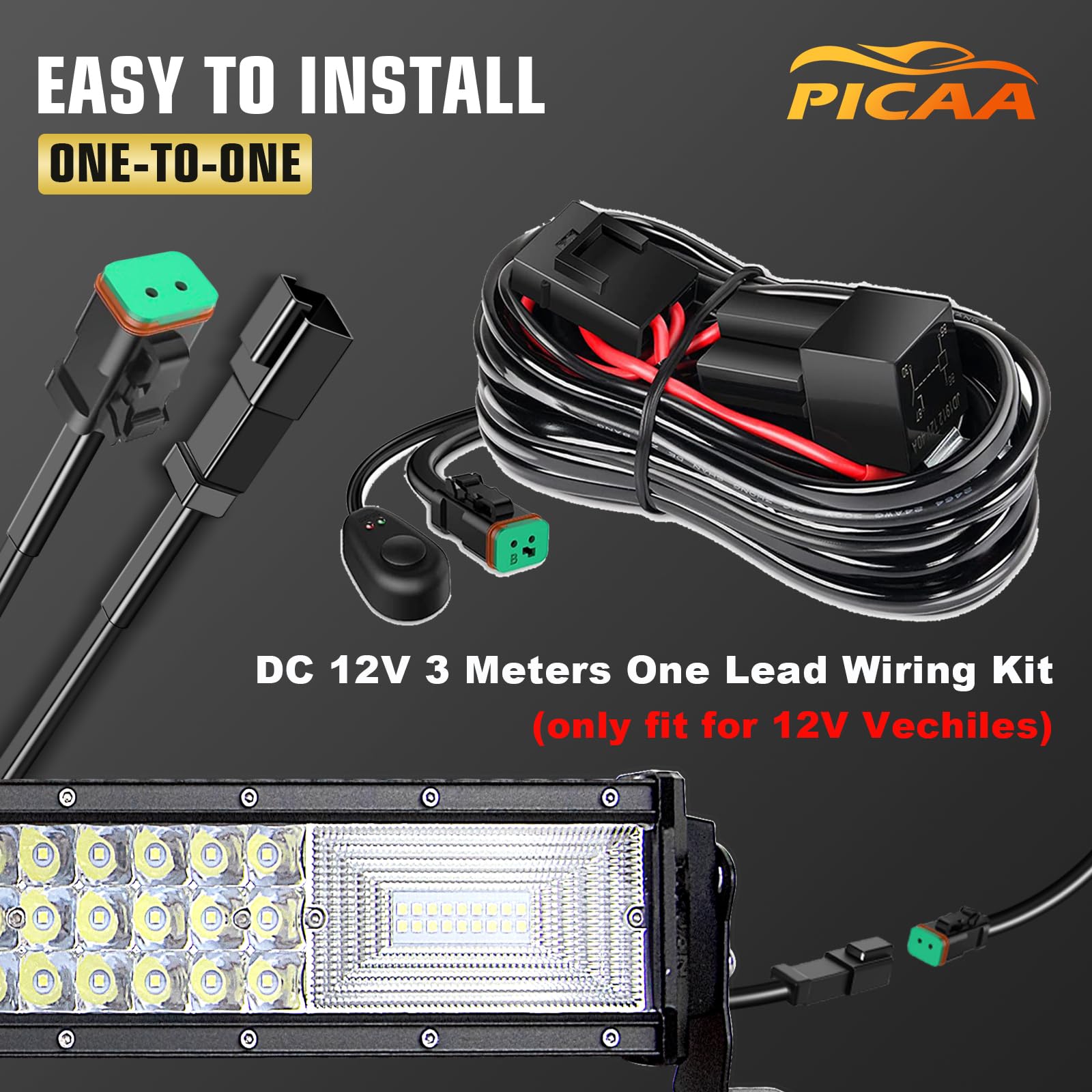 PICAA Barra LED 4x4 22 Pulgadas 270W con DT Cableado Kit, Tri-Fila Luz de Trabajo 12V 24V 6000K Blanco para Coche, Camión y Todoterreno