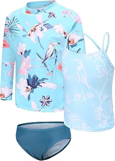 Zestonie Girls 3 Piece Swimsuits Set Long Sleeve Rash Guard Tankini Bathing Suits for Girls Beach Swimwear Set