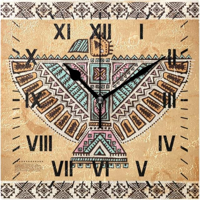 ISAOA Tribal Native American Eagle Square Silent Wall Clock,Battery Operated, Art Wall Decor Clock for the Home Dining Room Kitchen Office School