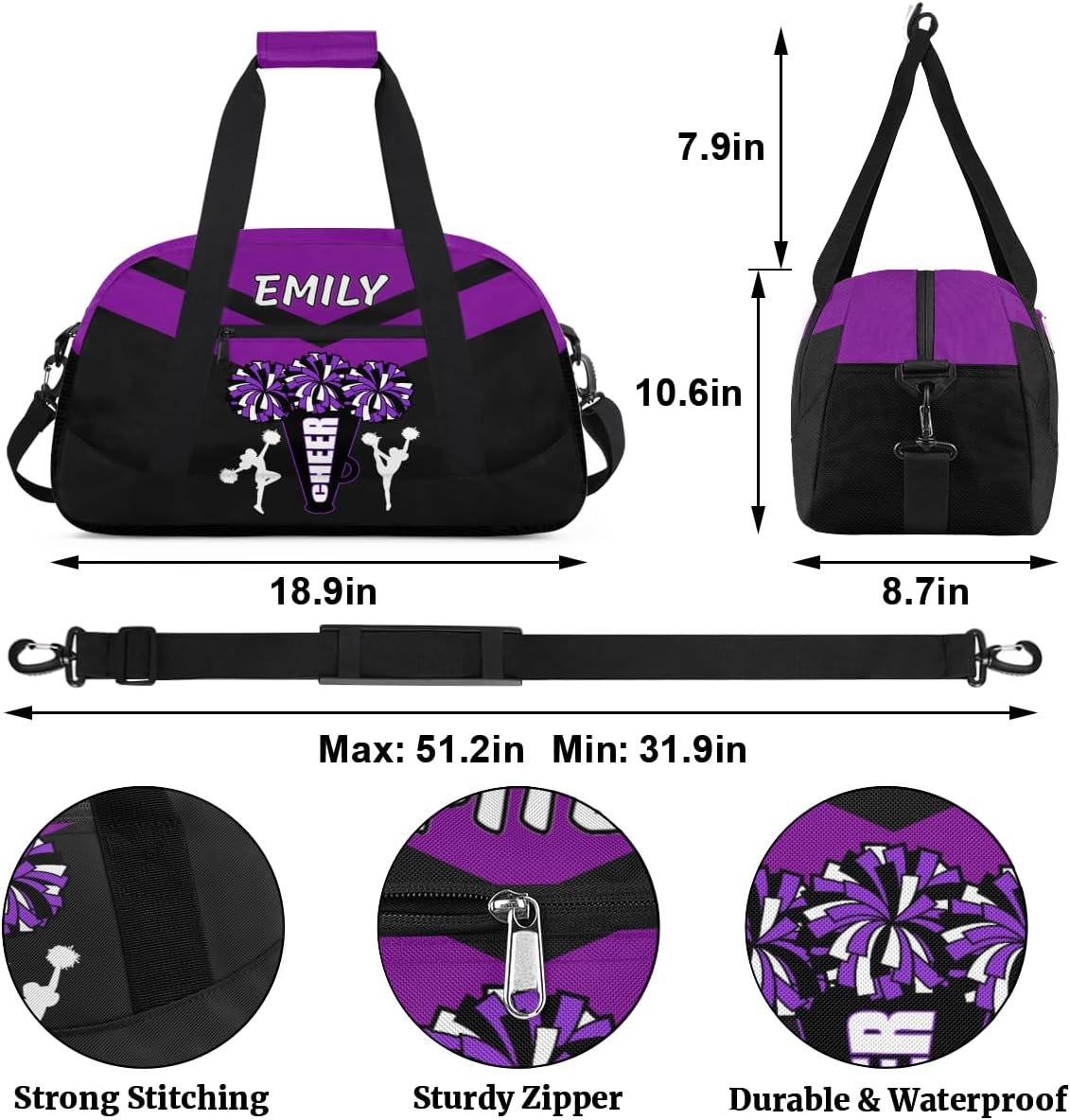 Personalize Cheer Duffel Bags with Custom Name & Text Sport Dance Gym Bags Garment Bags Gift for Girls Kids Cheerleaders Overnight Weekender Travel Purple Black 3