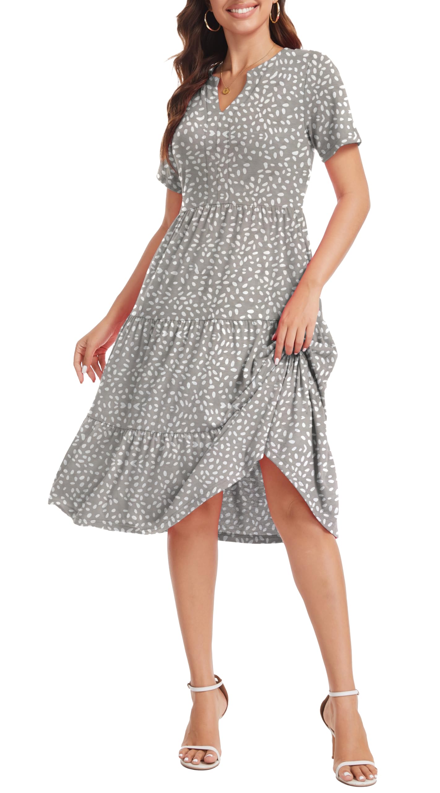 Jeqeocafy Women's V Neck Dress 2025 Lounge Fashion Casual Loose Fit Flowy Swing Tiered Vacation Dresses