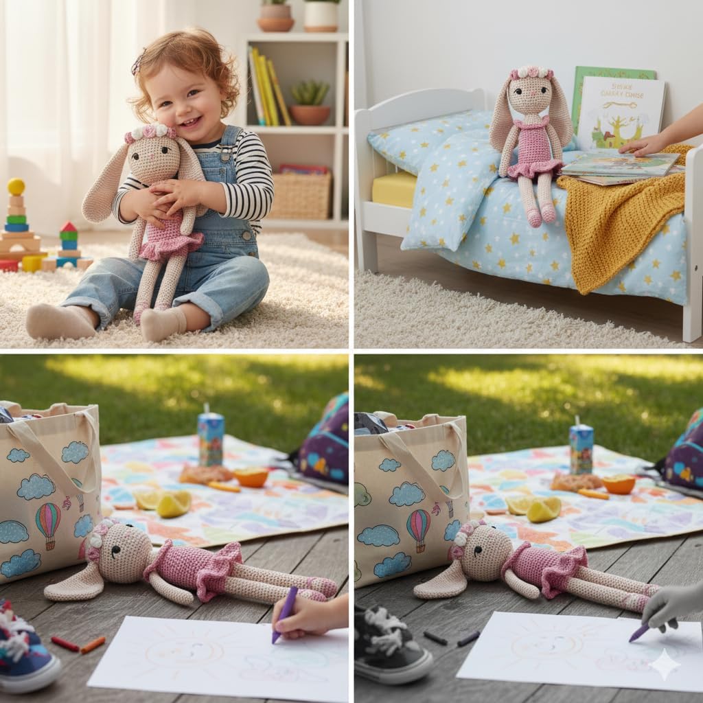 Binnies 11" Ballerina Doll - Stuffed Soft Bunny for Kids – Handmade Crochet Rabbit Toy – Long-Lasting Toddler Comfort Toy – Thoughtful Gift for Girls & Bunny Lovers