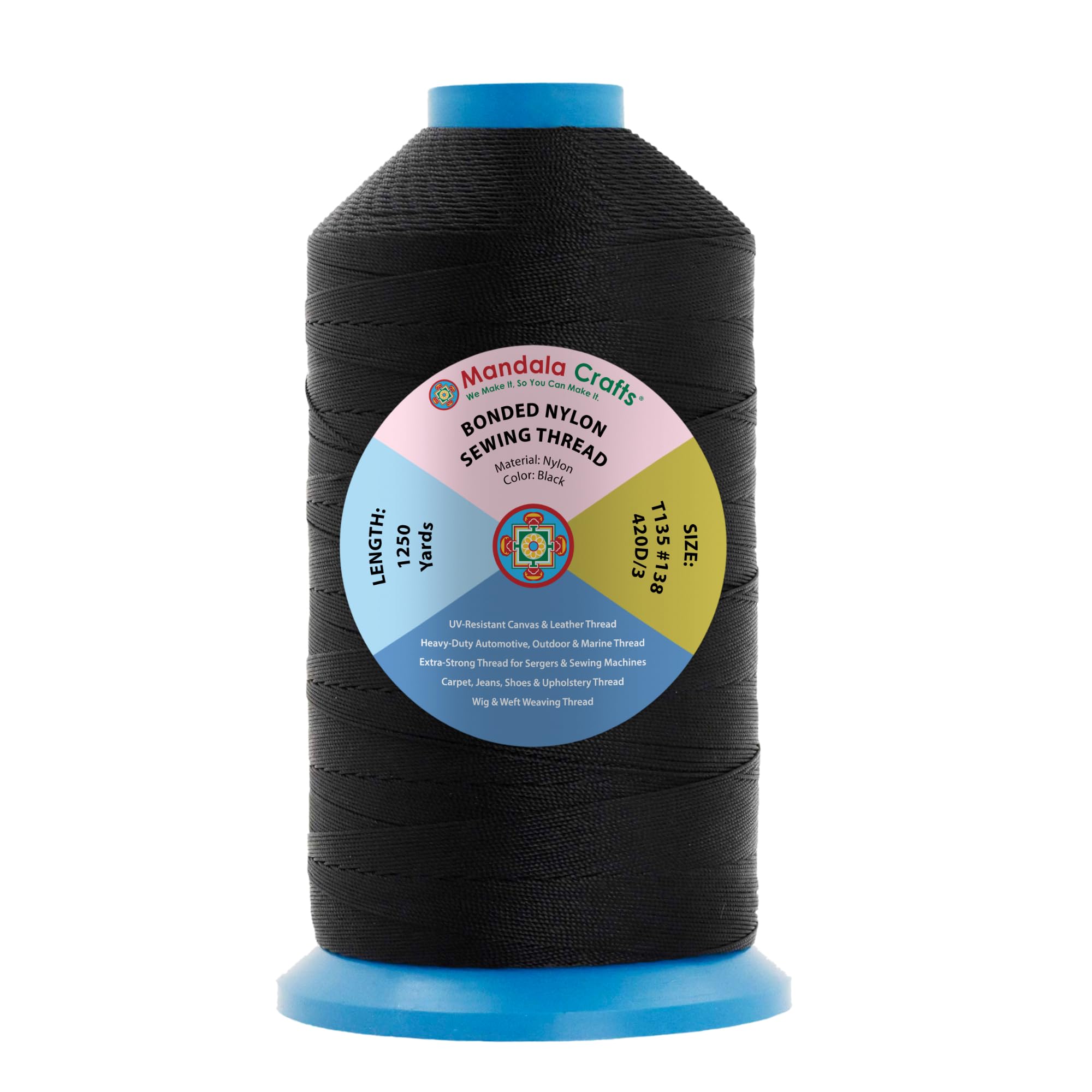 Mandala Crafts Size 138 420D T135 Bonded Nylon Thread - Black 1250 YDs Tex 135 Heavy Duty Sewing Threads for Leather, Jeans, Weaving, Outdoor Marine Upholstery