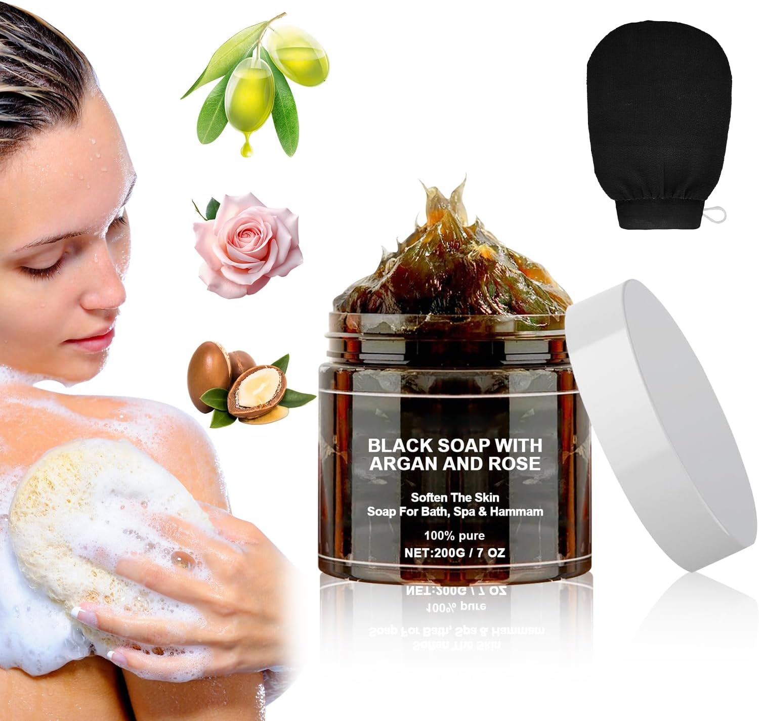 Morocco Black Soap with Argan and Rose, Morocco Black Beldi Bar Exfoliating Soaps, Moroccan Black Soap Hammam, Moroccos Body Scrub with Exfoliating Glove