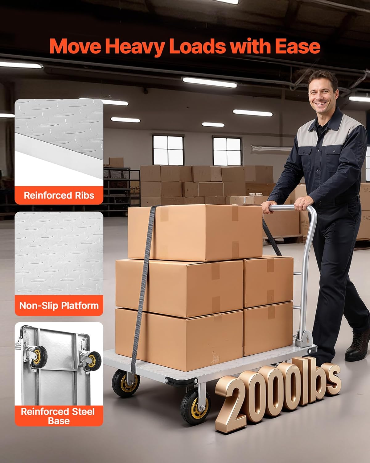 VEVOR Heavy Duty Platform Truck, 2000 LBS Steel Large Flatbed Cart with 360° Swivel Wheels & Brakes, Foldable Platform Hand Push Truck Dolly for Easy Storag/Groceries/Garage/Warehouse (36" X 24")