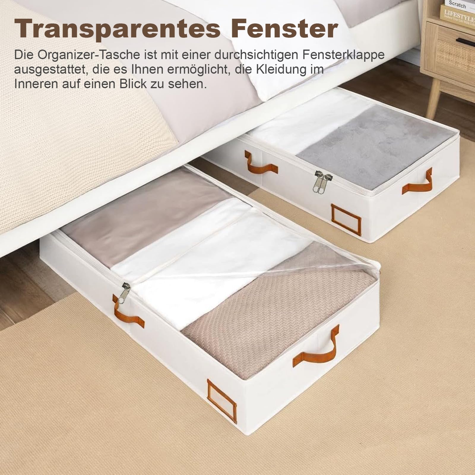 8 contenitori sotto il letto, con coperchio, 600D, con chiusura lampo e maniglie, pieghevole, per vestiti, copriletti, coperte (80 x 45 x 15 cm)