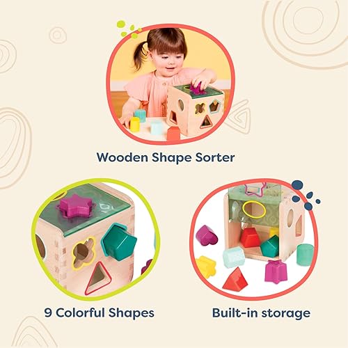 Miniatura 5 de B. toys Wonder Cube - Juguete de desarrollo - Cubo clasificador de formas de madera - 9 formas coloridas - Juguete educativo de madera para niños