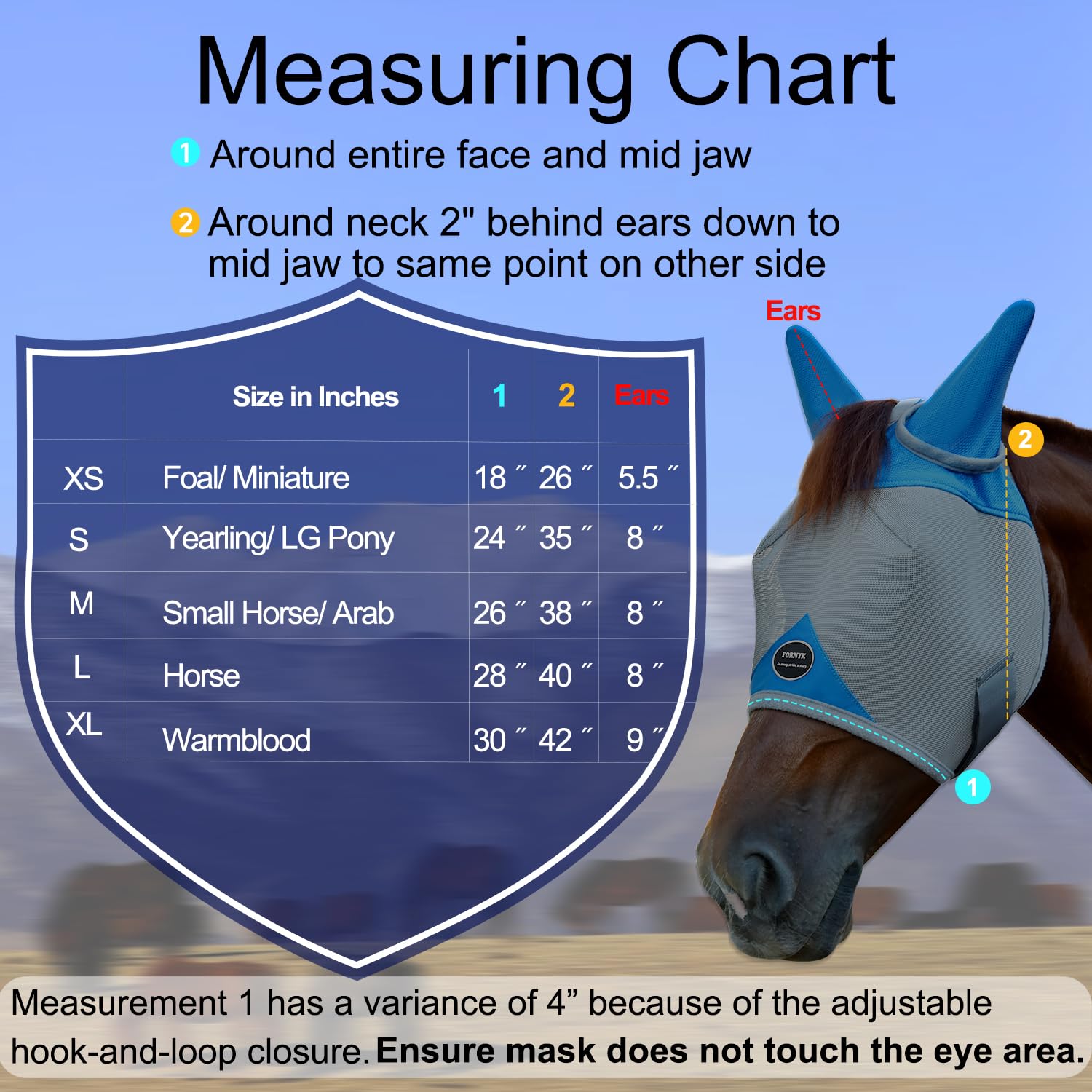 Fornyk Horse Fly Mask, Adjustable Fly Masks for Horses with Ears, Breathable and 70% UV Protection, Comfort Mesh Without Nose Cover, Horses Accessories (Grey, Blue, Medium) - image 6