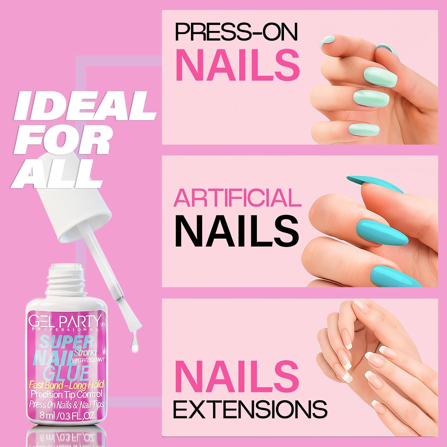 GELPARTY (8ml) Super Strong Brush On Nail Glue for Press On Nails & Tips – Quick Dry Clear Acrylic Nail Adhesive, Long Lasting Waterproof Bond for Fake Nails & Nail Art