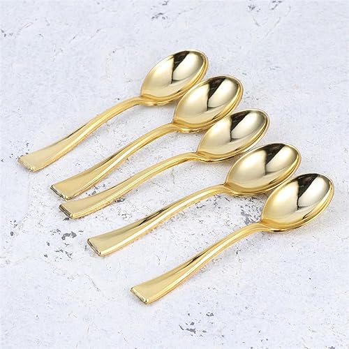 Miniatura 7 de Mini cucharas desechables de plástico dorado, cubiertos de plástico dorado, cuchara de postre dorada de 4 pulgadas, ideal para catering, fiestas,