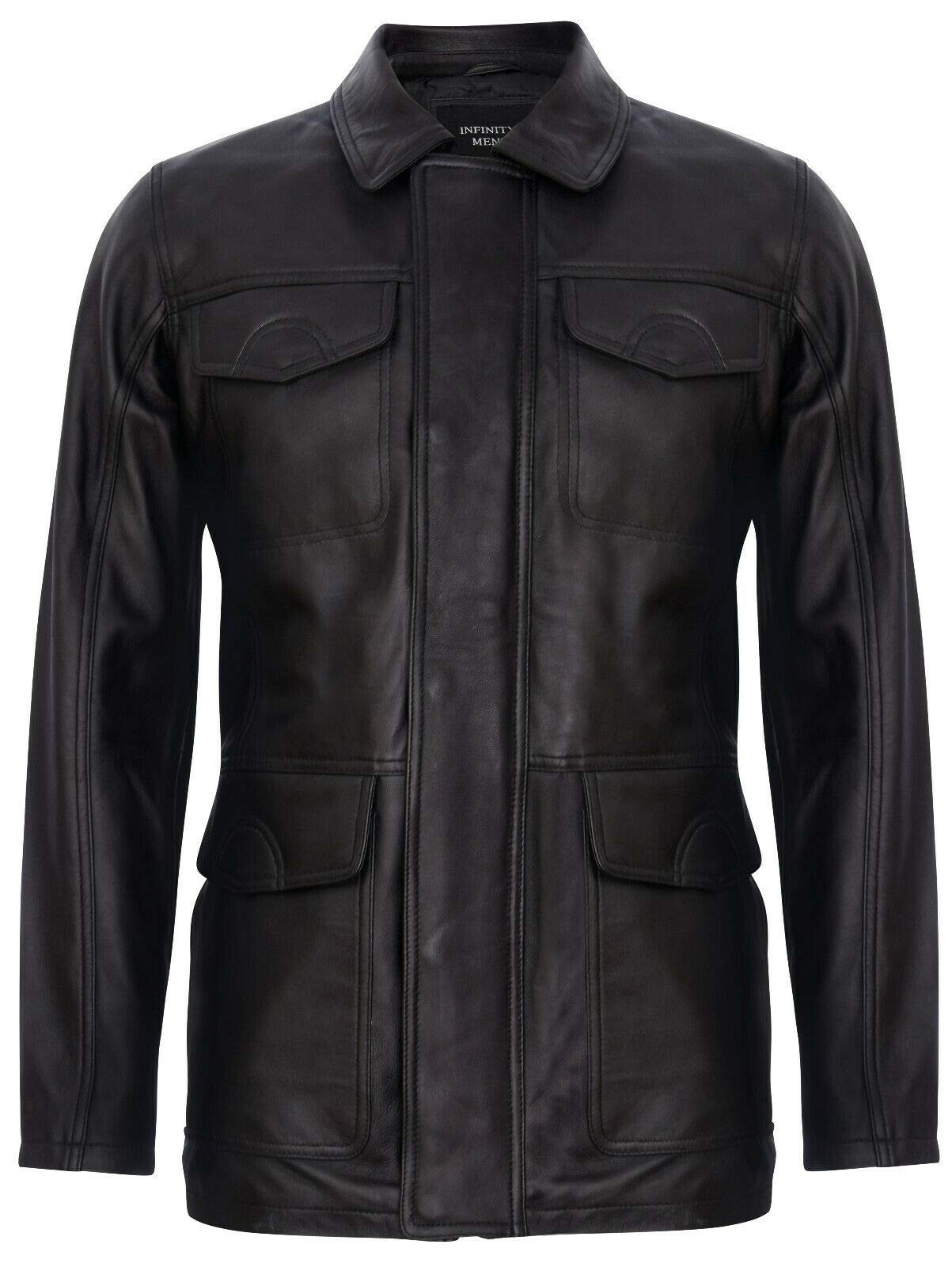 Infinity Leather Men's Black Classic Genuine Real Leather Safari Parker Trench Jacket L