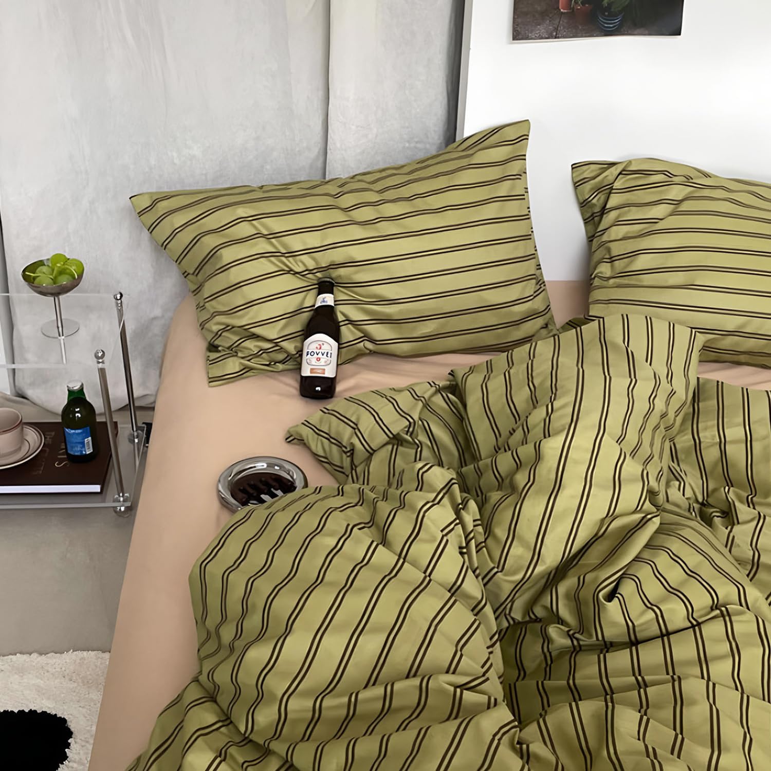 mixinni Vintage Stripes Duvet Cover Set Queen - 3-Piece Mid-Century Cotton Olive & Taupe Striped Bedding, Soft Breathable All-Season Comforter Cover with Zipper Closure & Corner Ties-Queen Size