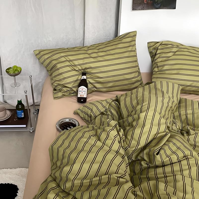 mixinni Vintage Stripes Duvet Cover Set Full - 3-Piece Mid-Century Cotton Olive & Taupe Striped Bedding, Soft Breathable All-Season Comforter Cover with Zipper Closure & Corner Ties-Full Size image 3