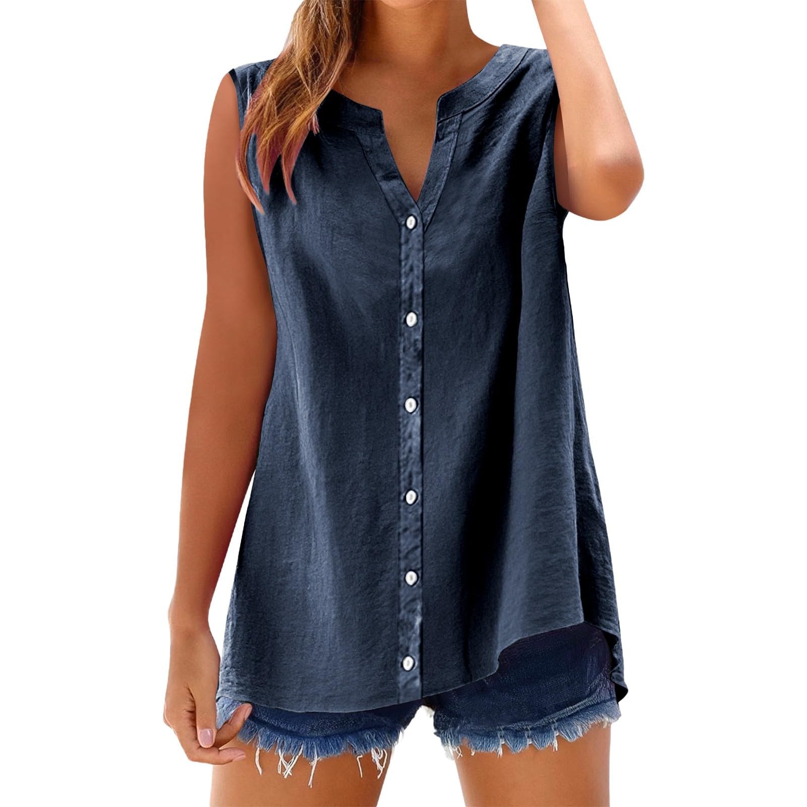 Womens Cotton Linen Casual Tank Tops Oversize Sleeveless V Neck Solid Color Button Down Shirts Ladies Summer 2025 Vacation Travel Trendy Blouses Plus Size Navy — image 1