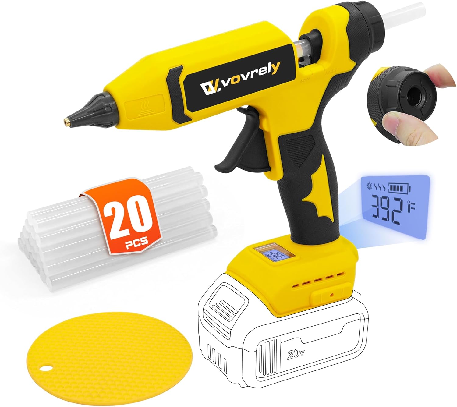 110W Cordless Hot Glue Gun for DeWalt 20V MAX Battery (Tool Only), Electric Power Full Size Glue Gun with 20PCS Glue Sticks, Heavy Duty Glue Gun for Arts & Crafts, Festival DIY Home Decor Repairs