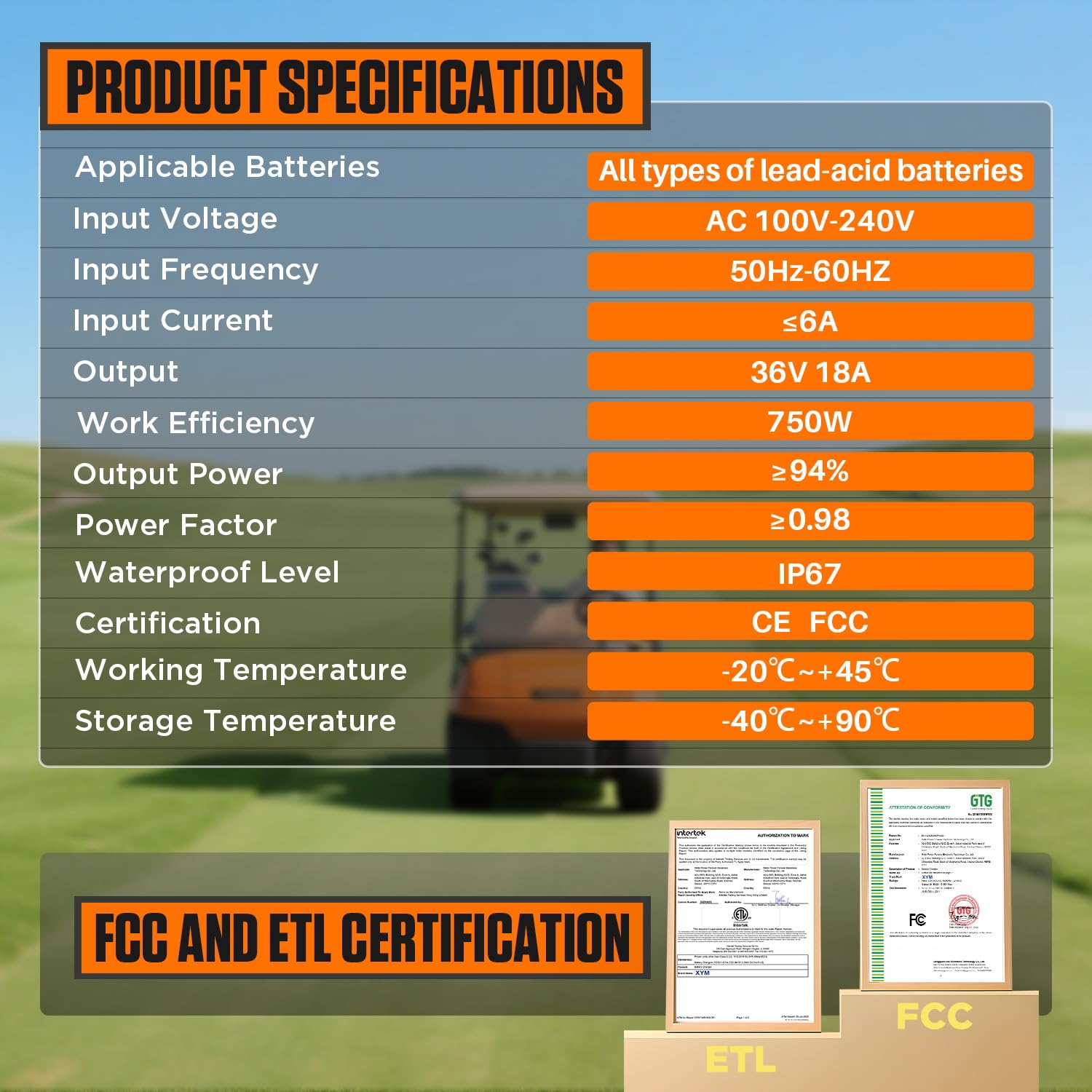 CMTOOL Chargeur de batterie de chariot de golf 36 V 18 A pour voiturettes de golf EZGO TXT avec prise de type D, chargeur de batterie automatique intelligent 36 V 18 A au plomb étanche IP67