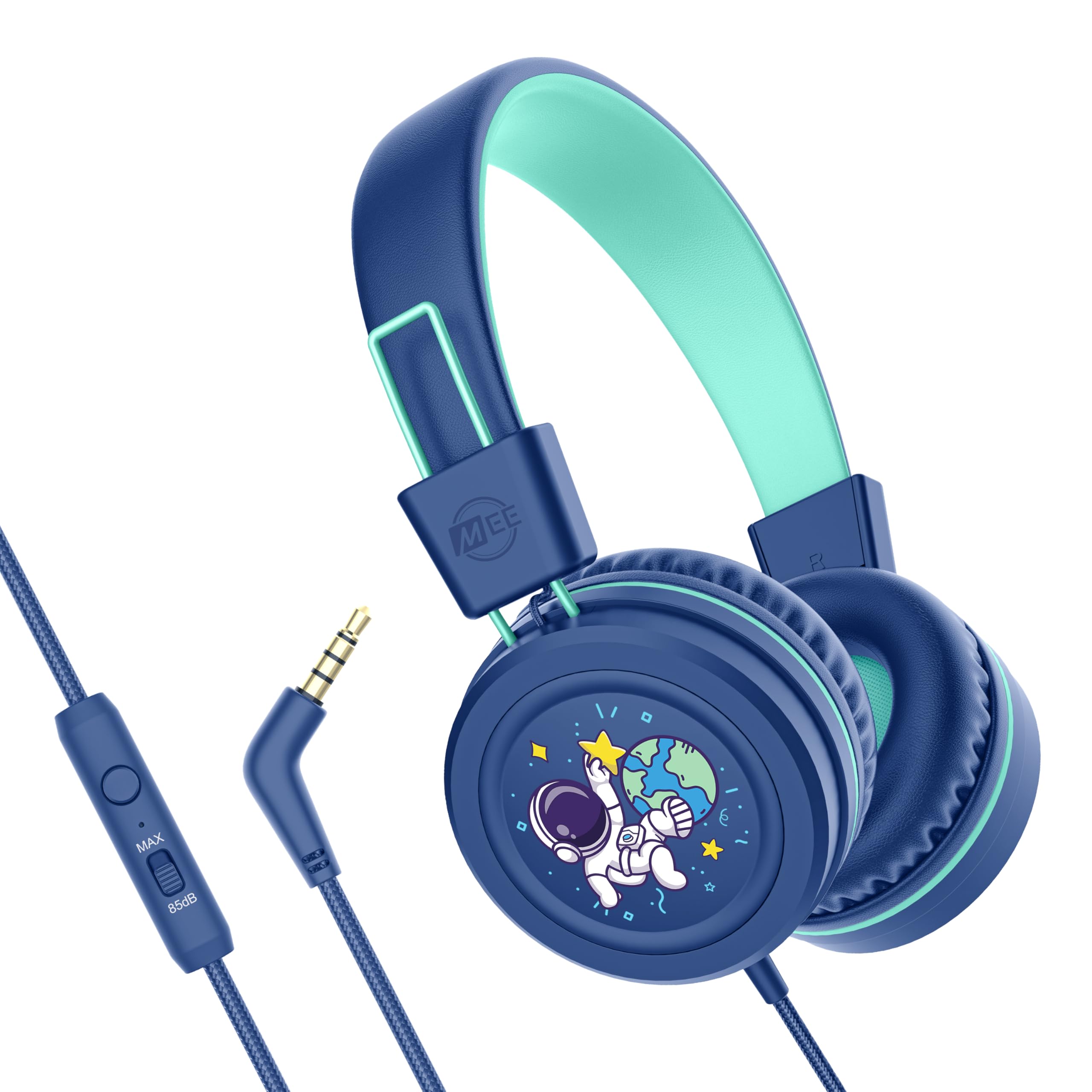 MEE audio KidJamz KJ55 Wired Children’s Headphones with 3.5mm Plug, Colorful Graphics, Volume Limiter &amp; Microphone, Adjustable On-Ear Kids Headset for Online Learning/School/Travel/Tablet (Blue)