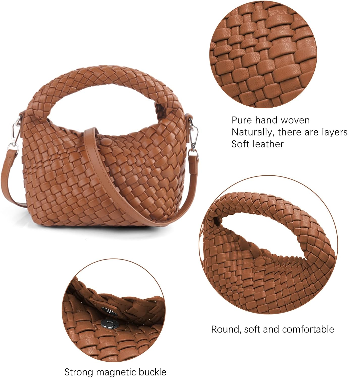 Women's Woven Crossbody Bag, Handmade Braided Tote Purse with Detachable Shoulder Strap, Vintage Small Handbag 12 Colors
