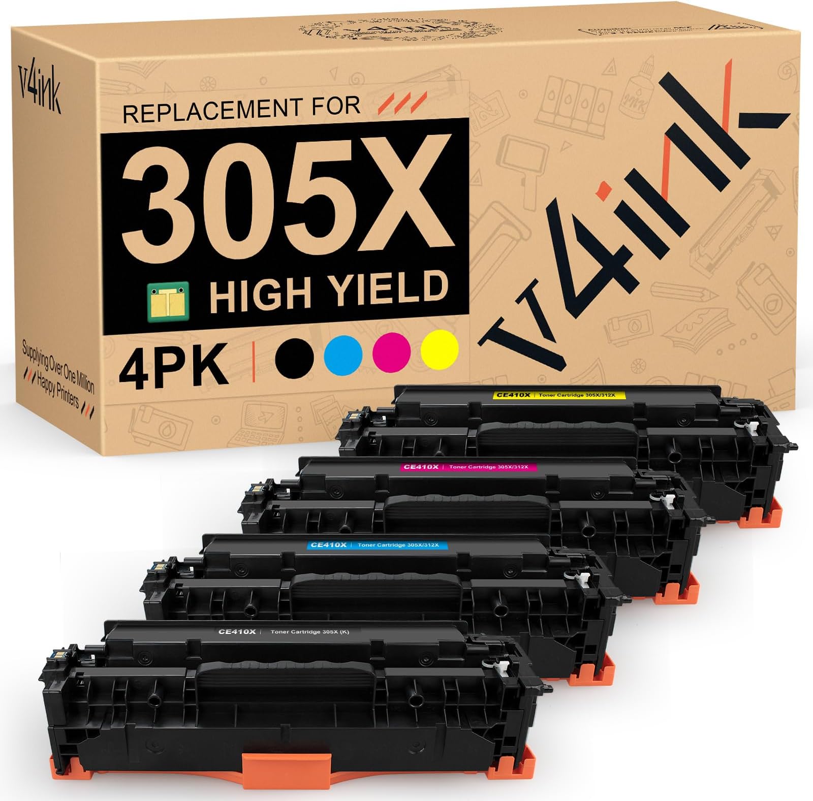 v4ink Remanufactured Toners_Cartridges_Printer Replacement for HP 305X CE410X 305A CE410A CE411A CE412A High Yield for HP Color Laser Pro 300 M351 M375nw Pro 400 M451nw M451dn M451dw M475dw M475dn