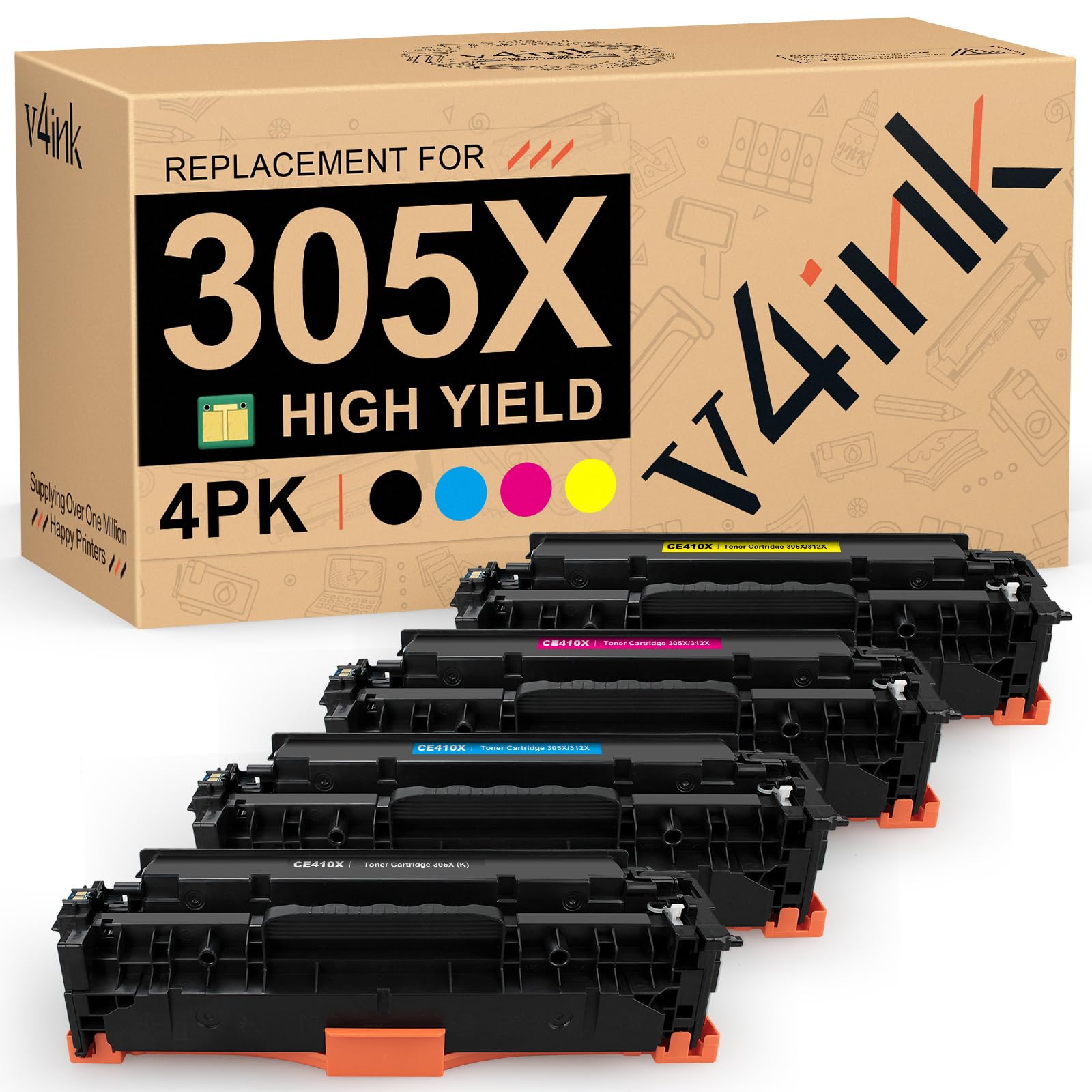 v4ink Remanufactured Toners_Cartridges_Printer Replacement for HP 305X CE410X 305A CE410A CE411A CE412A High Yield for HP Color Laser Pro 300 M351 M375nw Pro 400 M451nw M451dn M451dw M475dw M475dn
