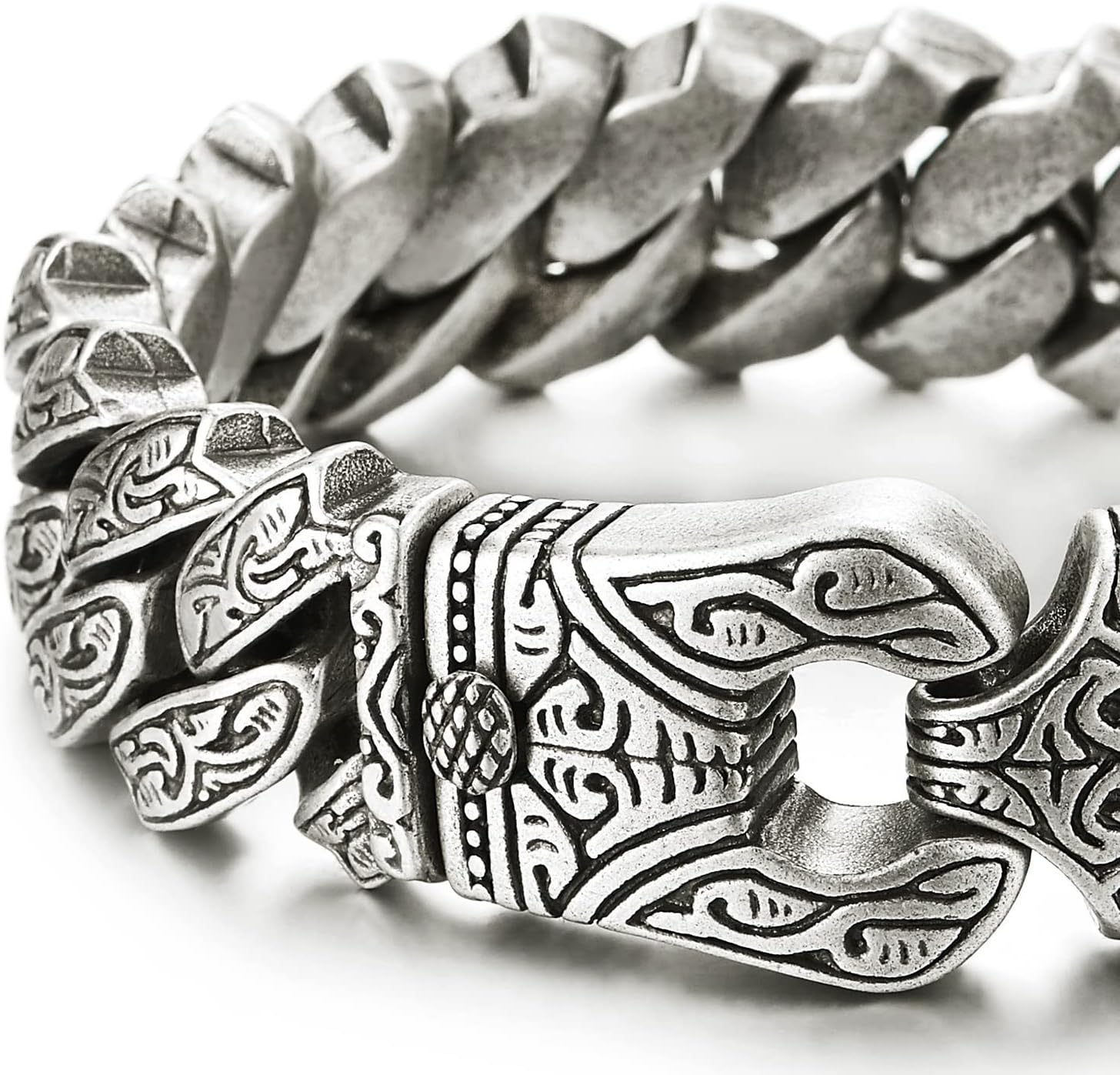 COOLSTEELANDBEYOND Mens Steel Vintage Fancy Curb Chain Bracelet with Tribal Tattoo Pattern, Retro Style, Masculine