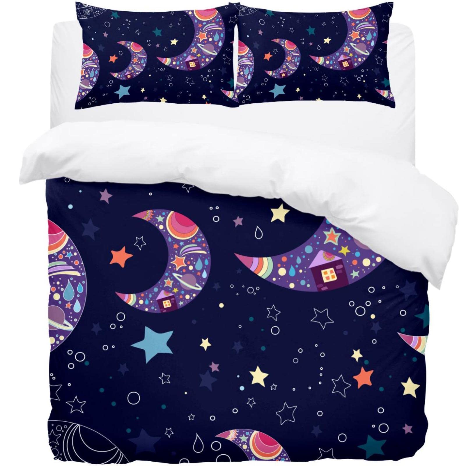Parure de lit motif lune et étoiles bleu marine pour s'endormir sous un ciel céleste