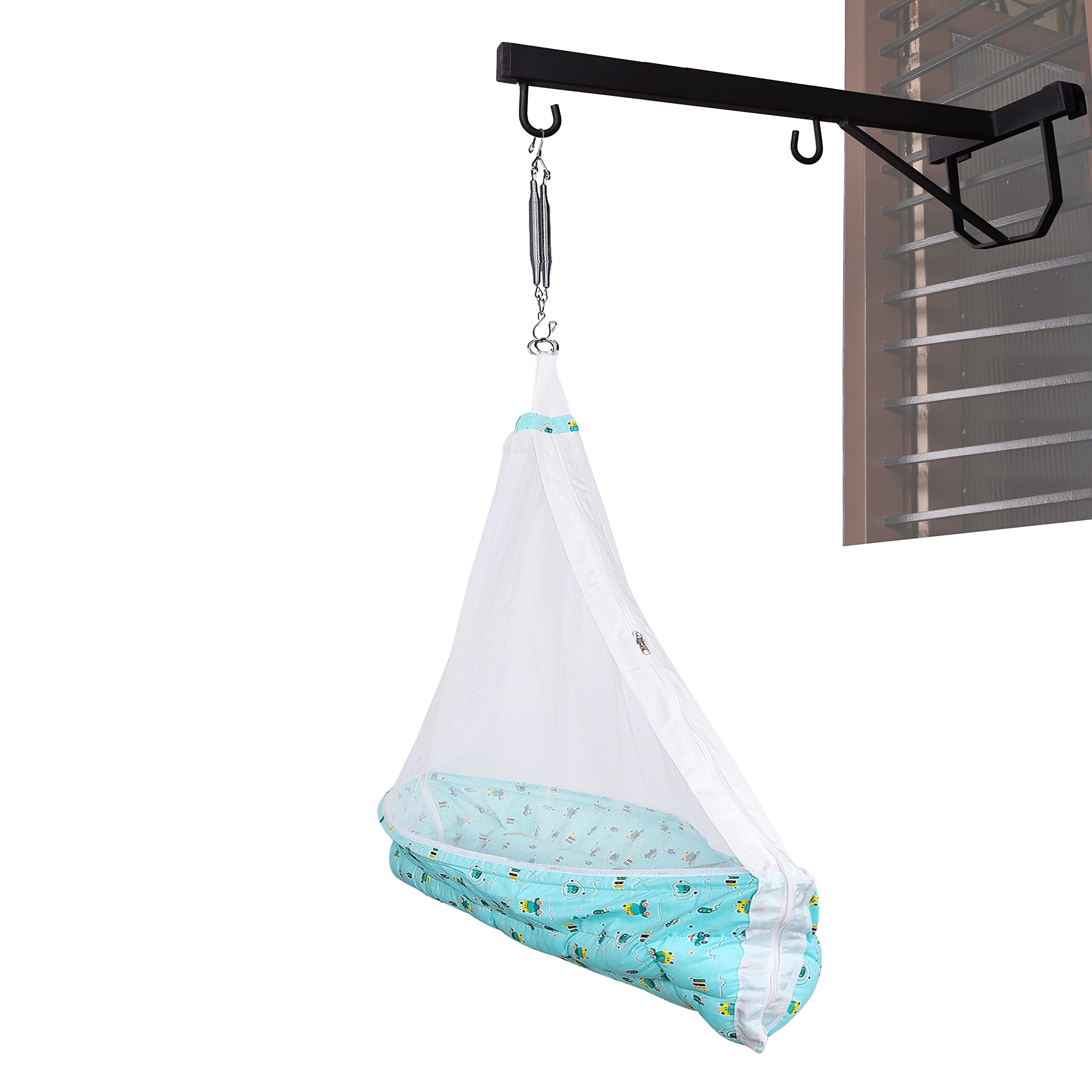 132 Baby's Hanging Swing Cradle with Mosquito Net, Spring and Window Hanger | Hammock Bedding Set | 0-12 Months (Green)