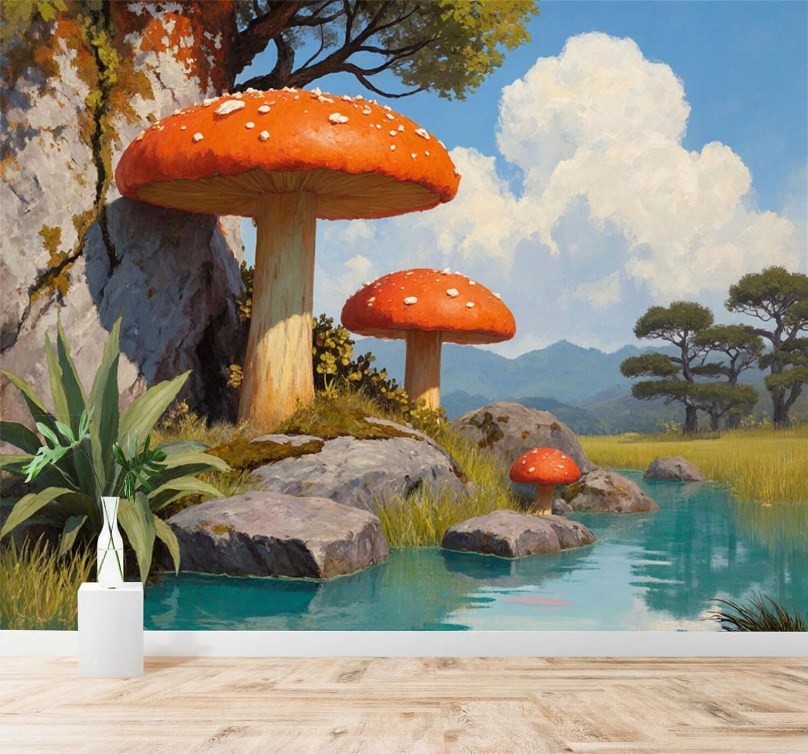 XLMING Red Mushrooms Rocks Green Trees Mountains Landscape 3D Wallpaper Silky Texture Home Study Office Grey Dining Room Sofa Bedroom Living Room TV Backdrop-430cm×300cm