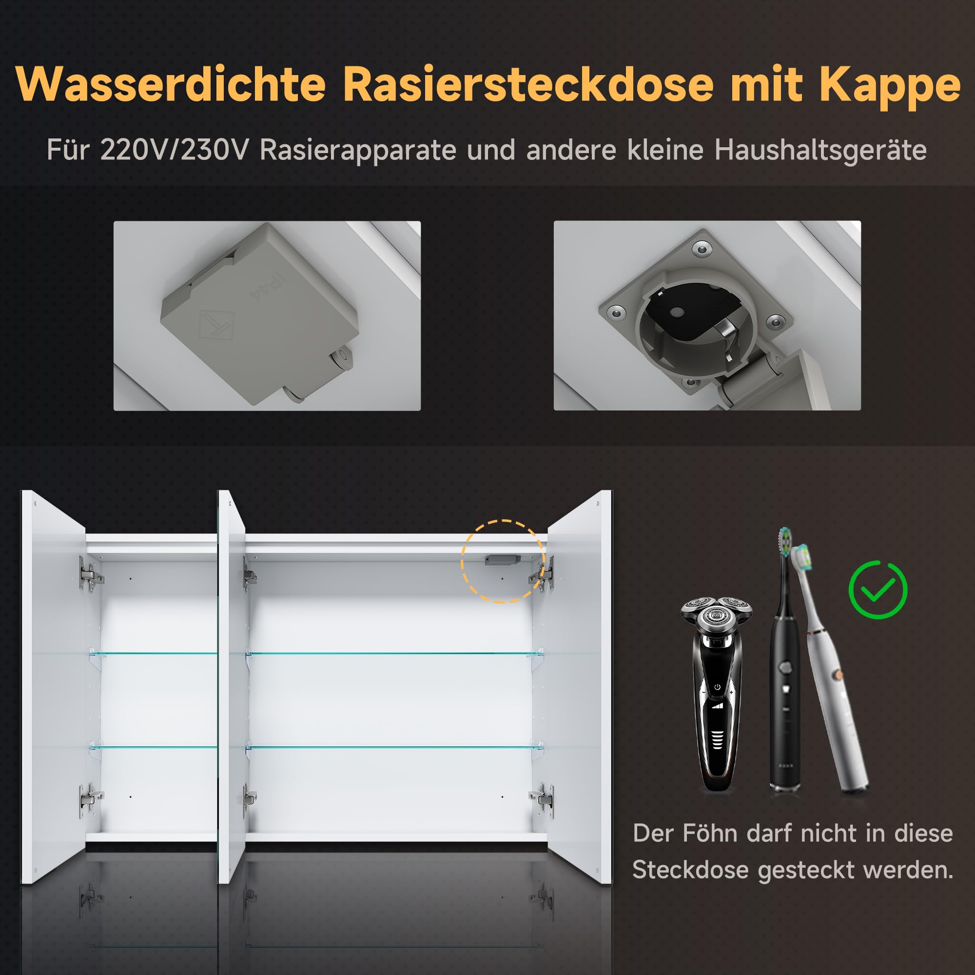 SONNI Szafka łazienkowa z lustrem LED, 90 x 60 cm, 3-drzwiowa, metalowa szafka z lustrem z przełącznikiem dotykowym, 3 kolory światła + defogging, bezprzewodowy zawias, biała, łazienka, szafka