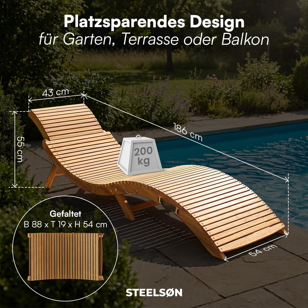 STEELSØN Gartenliege Ophira aus Holz – klappbare Sonnenliege – Holzliege für den Garten wasserfest – Saunaliege mit Verstellbarer Kopfstütze – Akazienholz Natur geölt – bis 200 kg belastbar