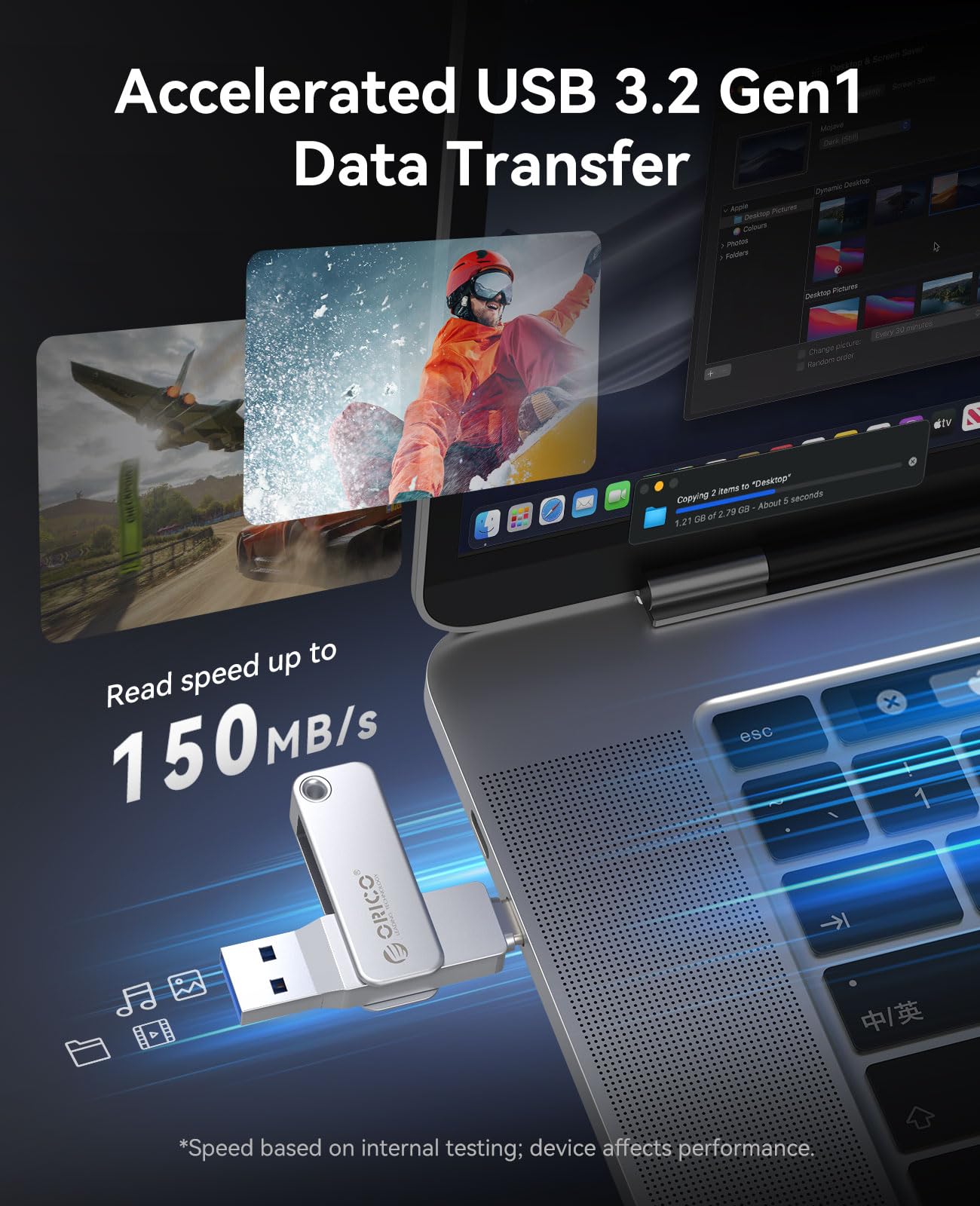 ORICO Pamięć USB 256 GB USB 3.2 Gen 1 Dual USB-C i USB-A Mini Flash Drive, przenośna pamięć masowa, prędkość odczytu 150 MB/s do iPhone 16, Android, tabletów, laptopów, Mac, Windows Plug and Play