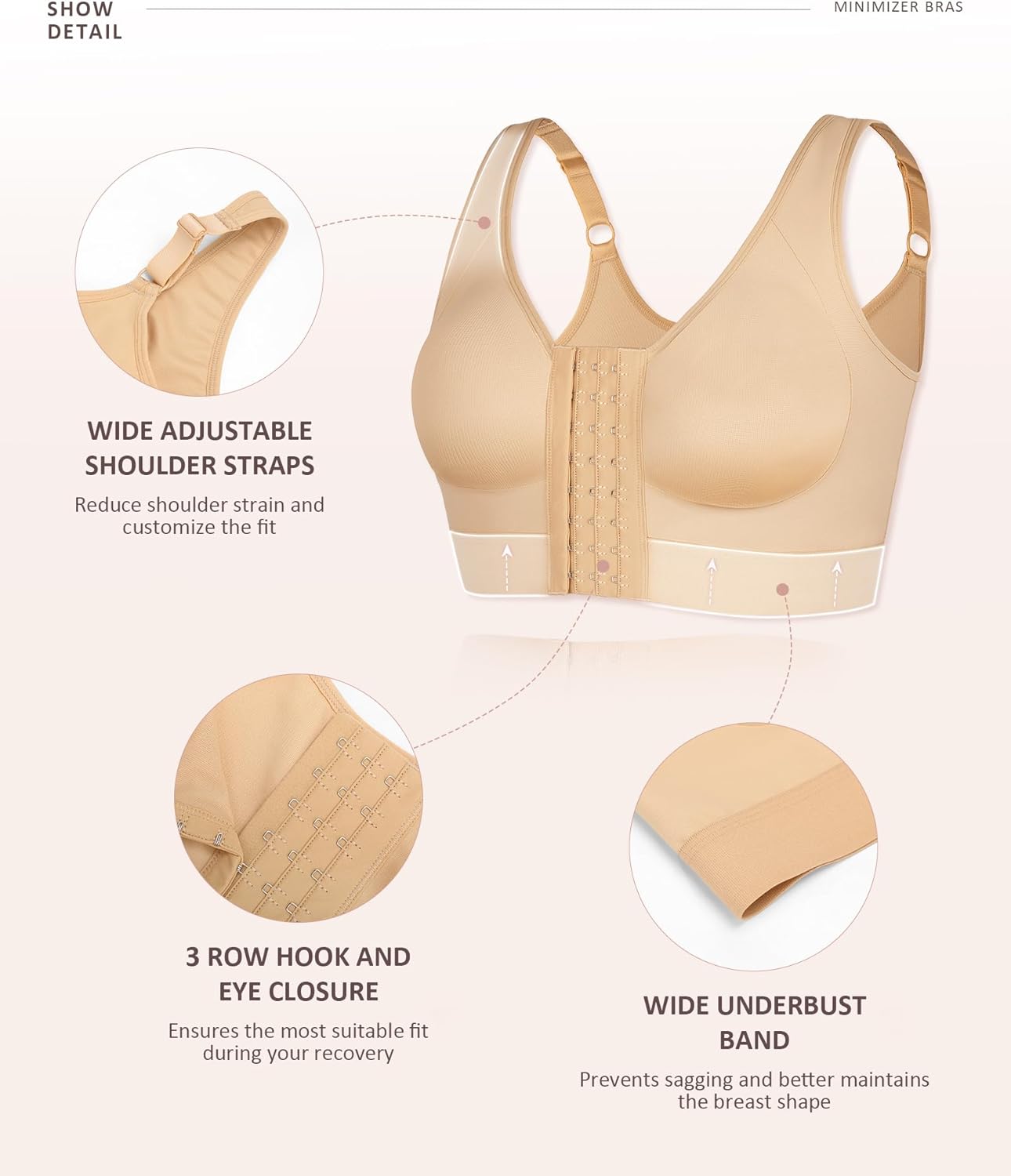 FeelinGirl Minimizer Bras Post Surgery Compression Front Closure Bra Wirefree Mastectomy with Adjustable Straps - Image 2
