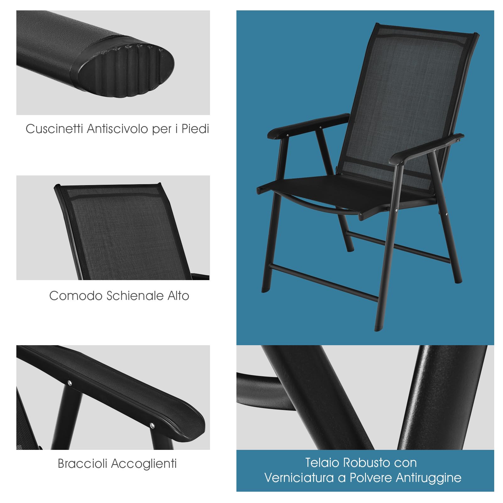 COSTWAY Set di 2 Sedie Giardino Pieghevoli, Poltrona da Esterno con Struttura in Metallo, con Braccioli, Ideale per Campeggio Spiaggia, Portata 100 kg, 68 x 59 x 93 cm (Nero)