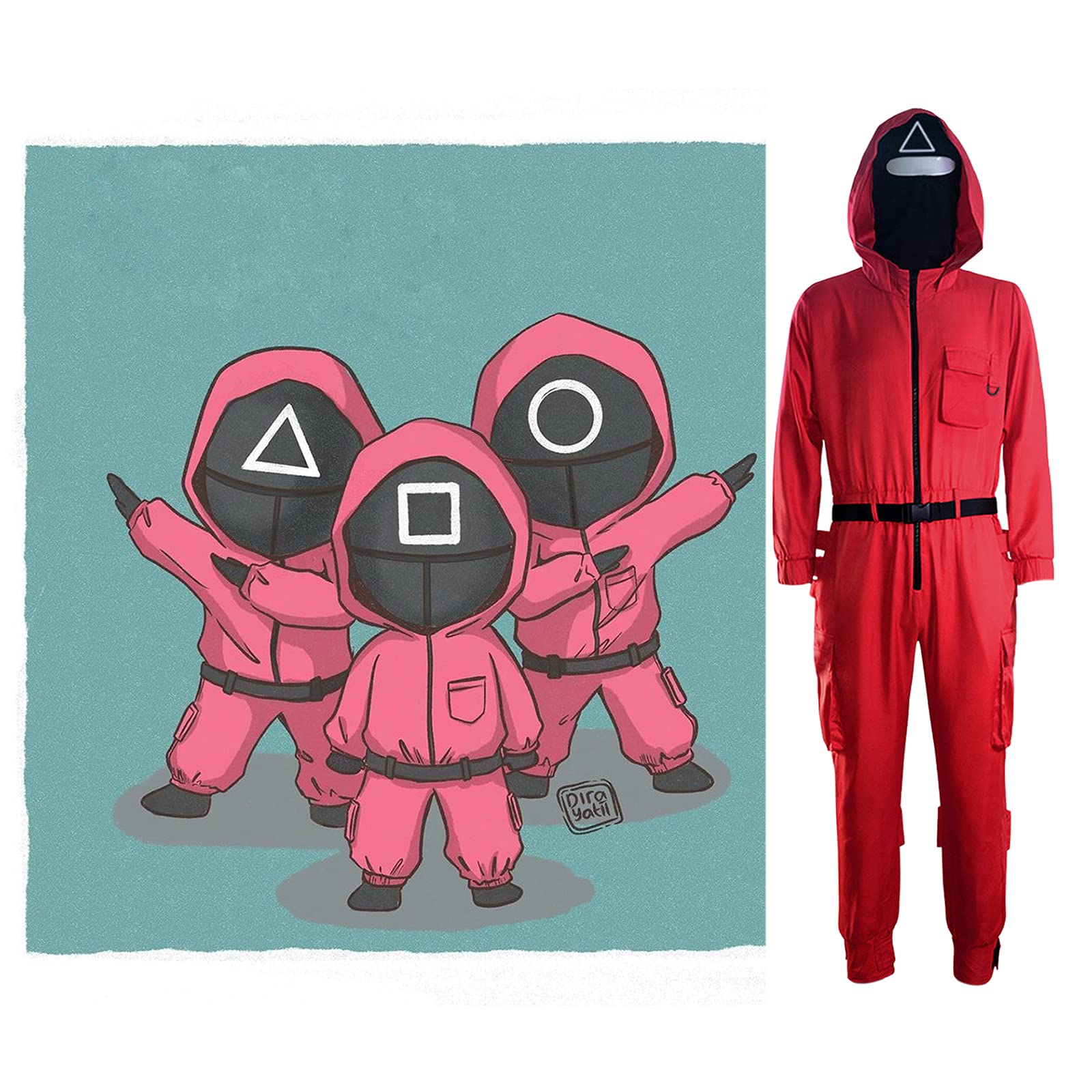 Squid Game Costume, Squid Game Cosplay Jumpsuit with Belt+Gloves+Masks, Unisex Halloween Costume 4Pcs (Kids&No mask, Large)