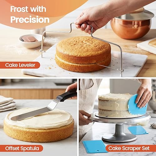 Miniatura 4 de RFAQK Juego de 150 piezas de moldes para pasteles para hornear + suministros para decorar pasteles: Juego de 3 moldes redondos antiadherentes