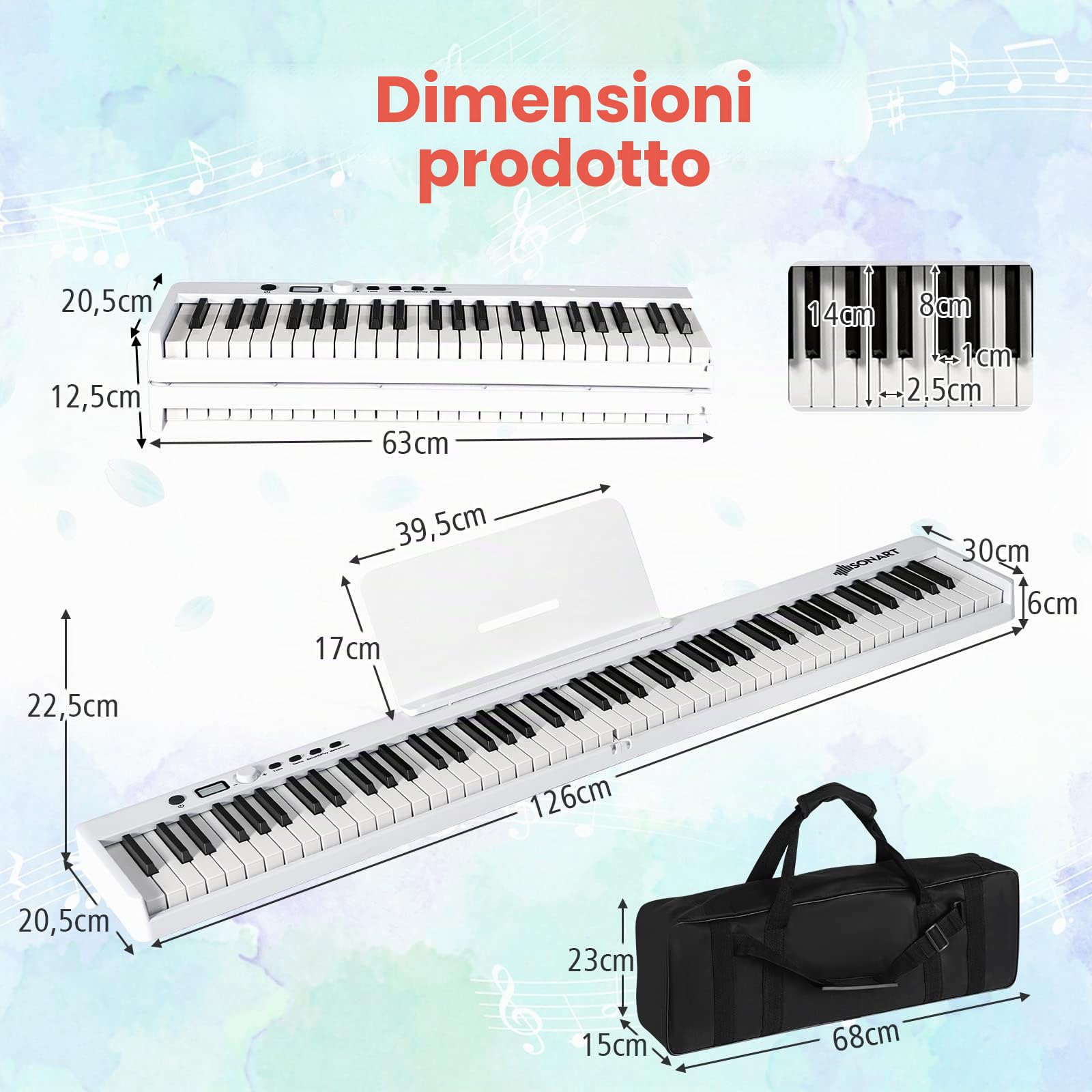 RELAX4LIFE Pianoforte Digitale Portatile con 88/61 Tasti Illuminati, Custodia, Leggio, Modalità di Insegnamento,MP3/USB/MIDI/Bluetooth (88 TASTI, MODELLO 1-BIANCO)