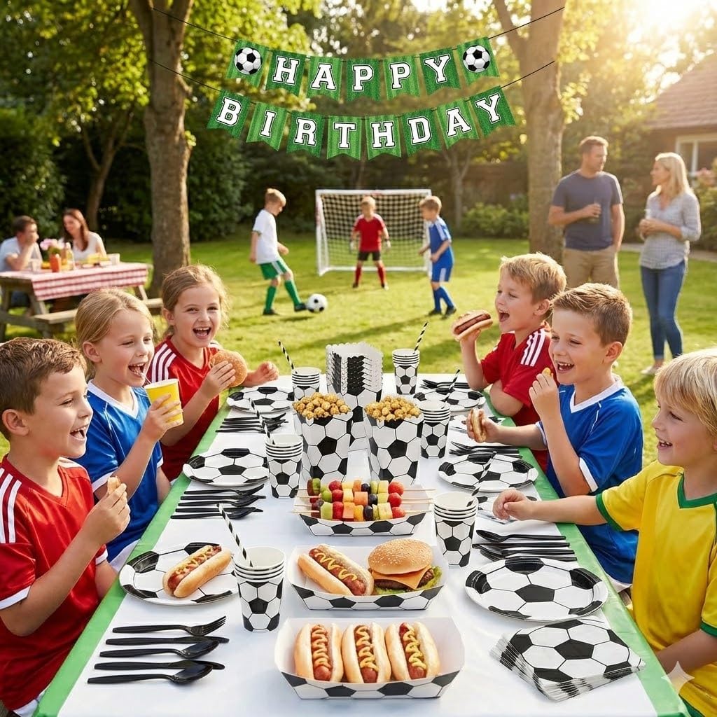 Soccer Party Supplies for 10 – 114 Pcs Set with Dinner & Dessert Plates, Cups, Napkins, Cutlery, Straws, Popcorn Boxes & Snack Trays | Disposable Sports Birthday Party Tableware