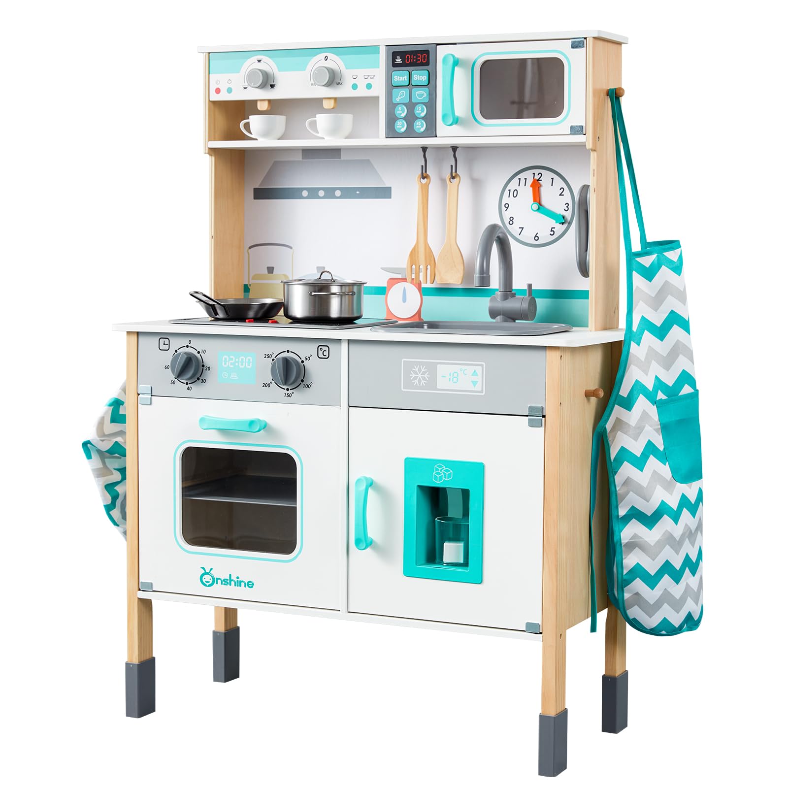 Wooden Play Kitchen Set for Toddlers, Chef Pretend Kitchen Playset for Kids with Pretend Ice Cube Dispenser, Oven, Coffee Machine, Stove, Faucet, Sink