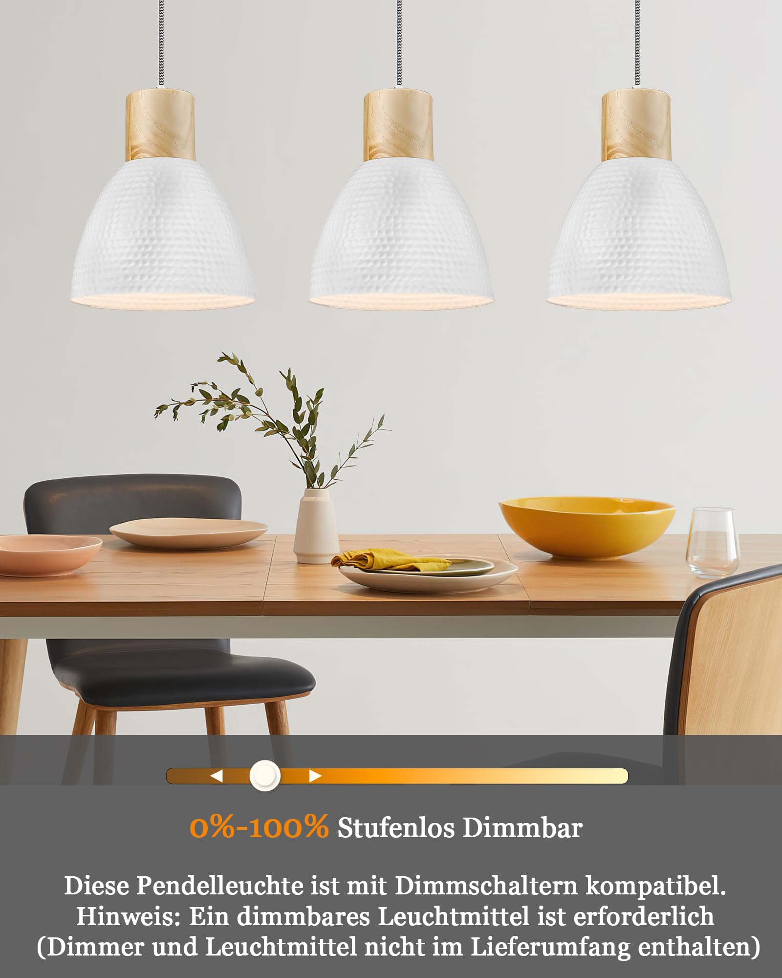 ELYONA Pendelleuchte Weiß Gehämmert, Ø 26 cm Skandinavische Hängelampe aus Massivholz & Metall, Modern Hängeleuchte für Esstisch, Küche, Esszimmer, Schlafzimmer & Bar, Nordisch Landhausstil