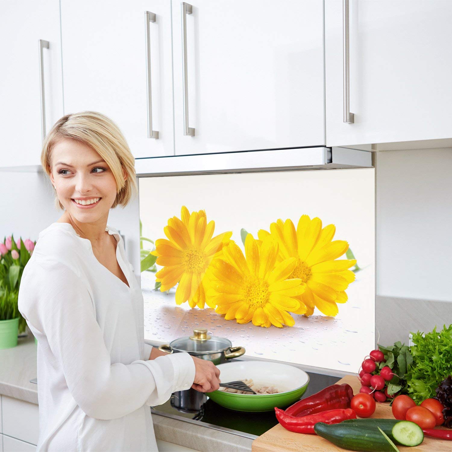 GRAZDesign Küchen-Spritzschutz Glas Küchen Herd Gasherd, Bild-Motiv Blumen gelb weiß, Glasbild als Küchenrückwand - Küchenspiegel Küche / 60x60cm